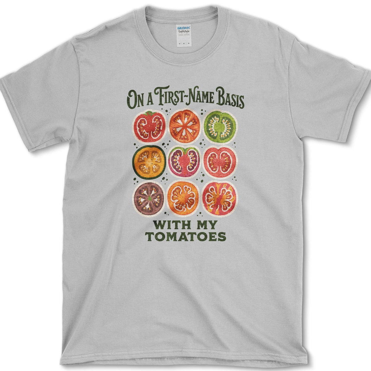 Nine colorful tomato cross-sections between On a First-Name Basis and With My Tomatoes lettering