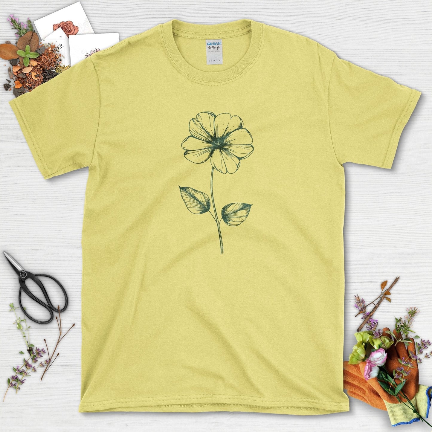 Floral Sketch Design for Nature Lovers Black T-Shirts Cornsilk / S T-Shirt