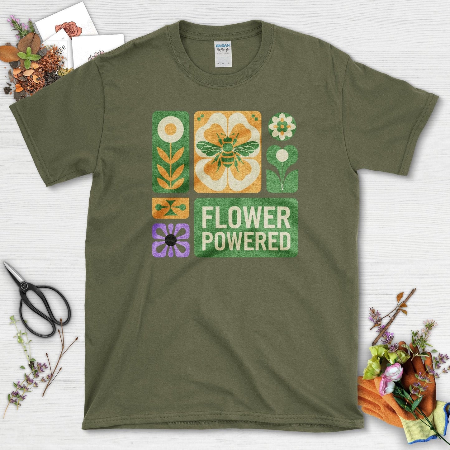 Flower Powered Bee T-Shirt Military Green / S T-Shirt