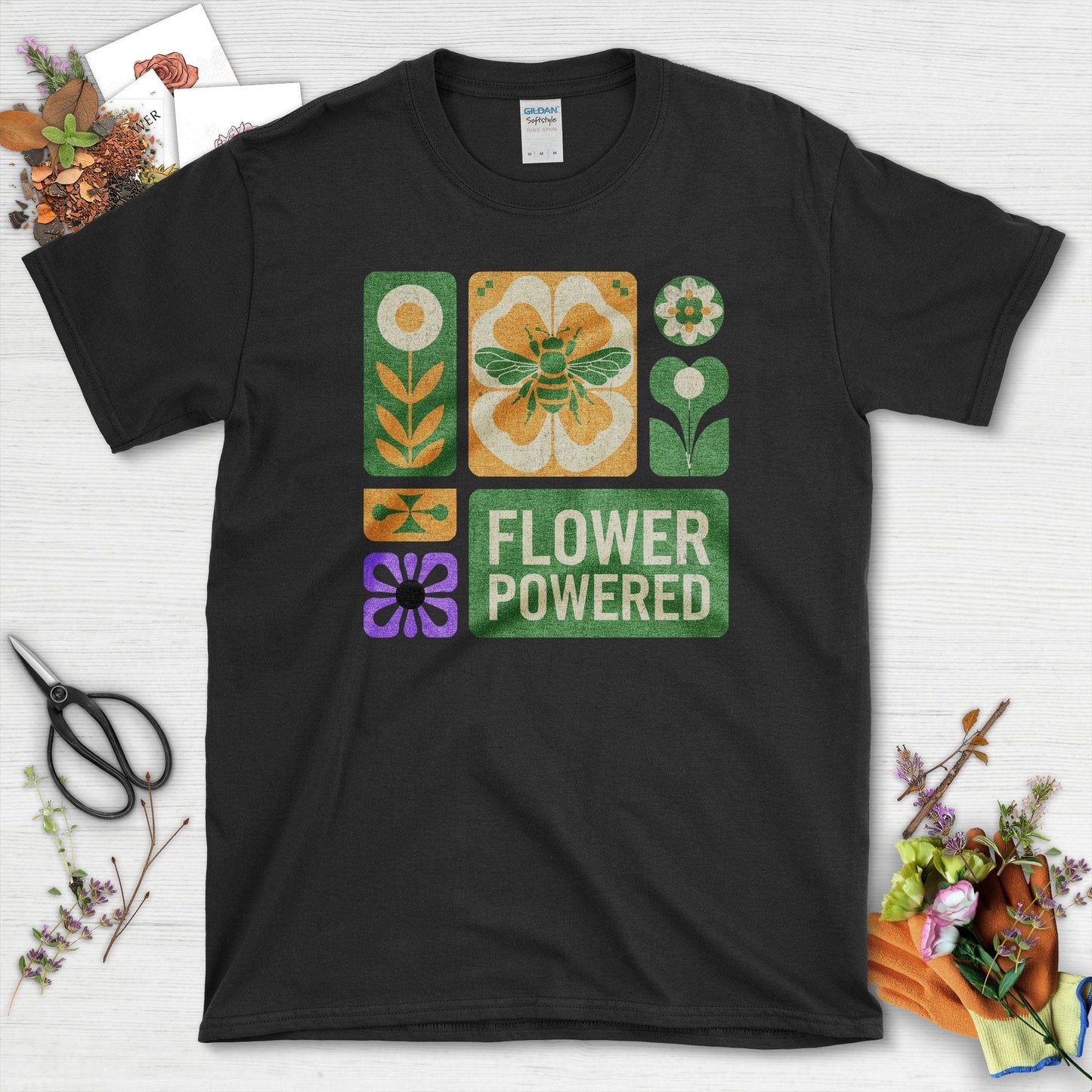 Flower Powered Bee T-Shirt T-Shirts / S / Black Physical Item