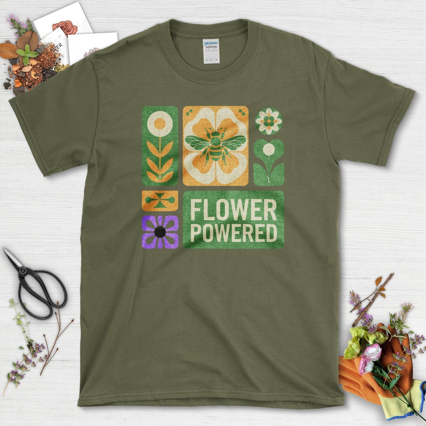 Flower Powered Bee T-Shirt T-Shirts / S / Military Green Physical Item