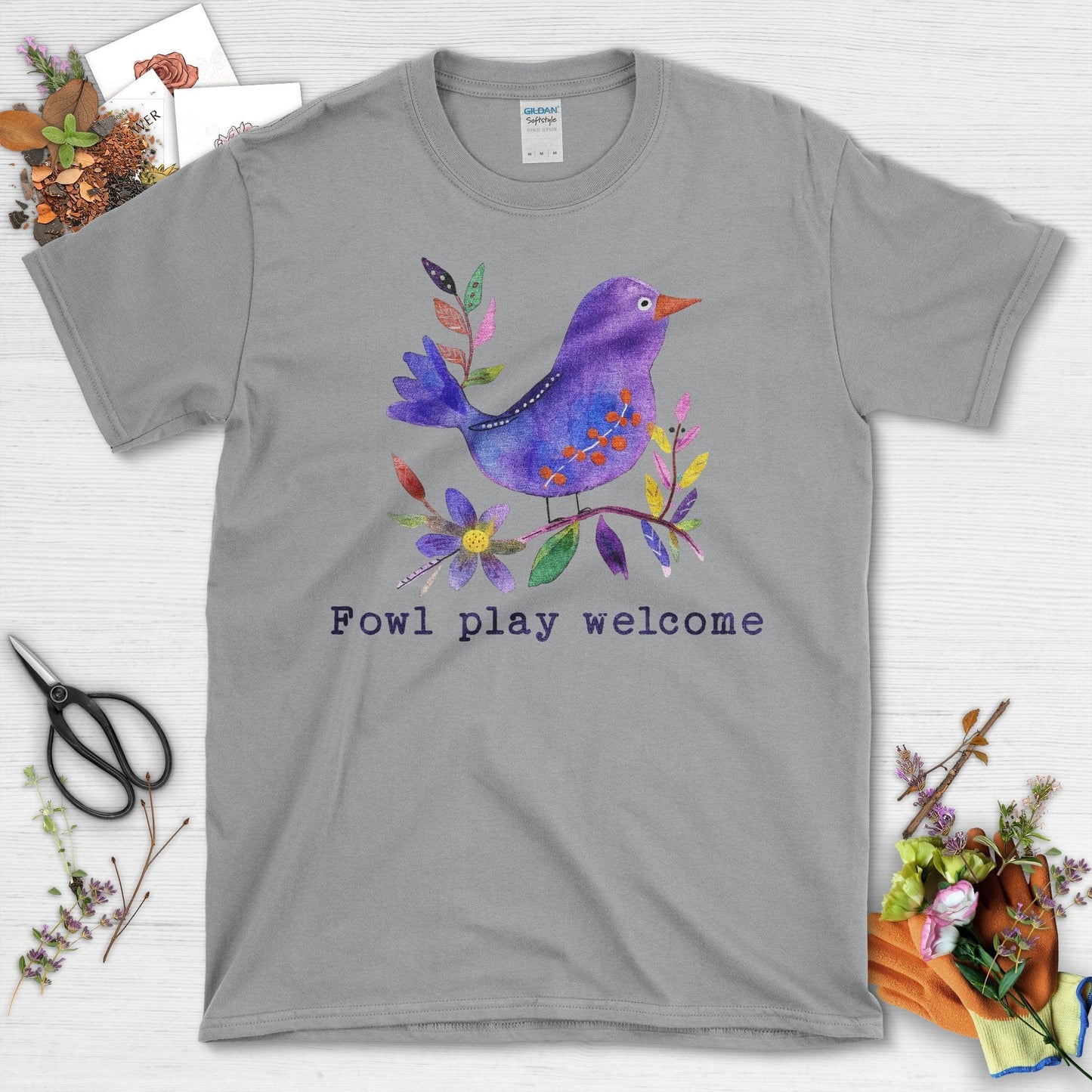 Fowl Play Welcome Bird Design Fun Colorful Artwork T-Shirt Charcoal / S T-Shirt