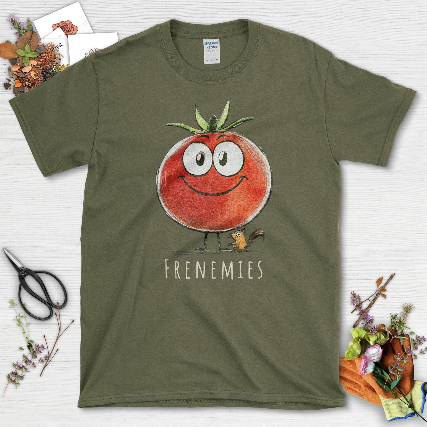 Frenemies Tomato and Squirrel T-Shirt Military Green / S T-Shirt