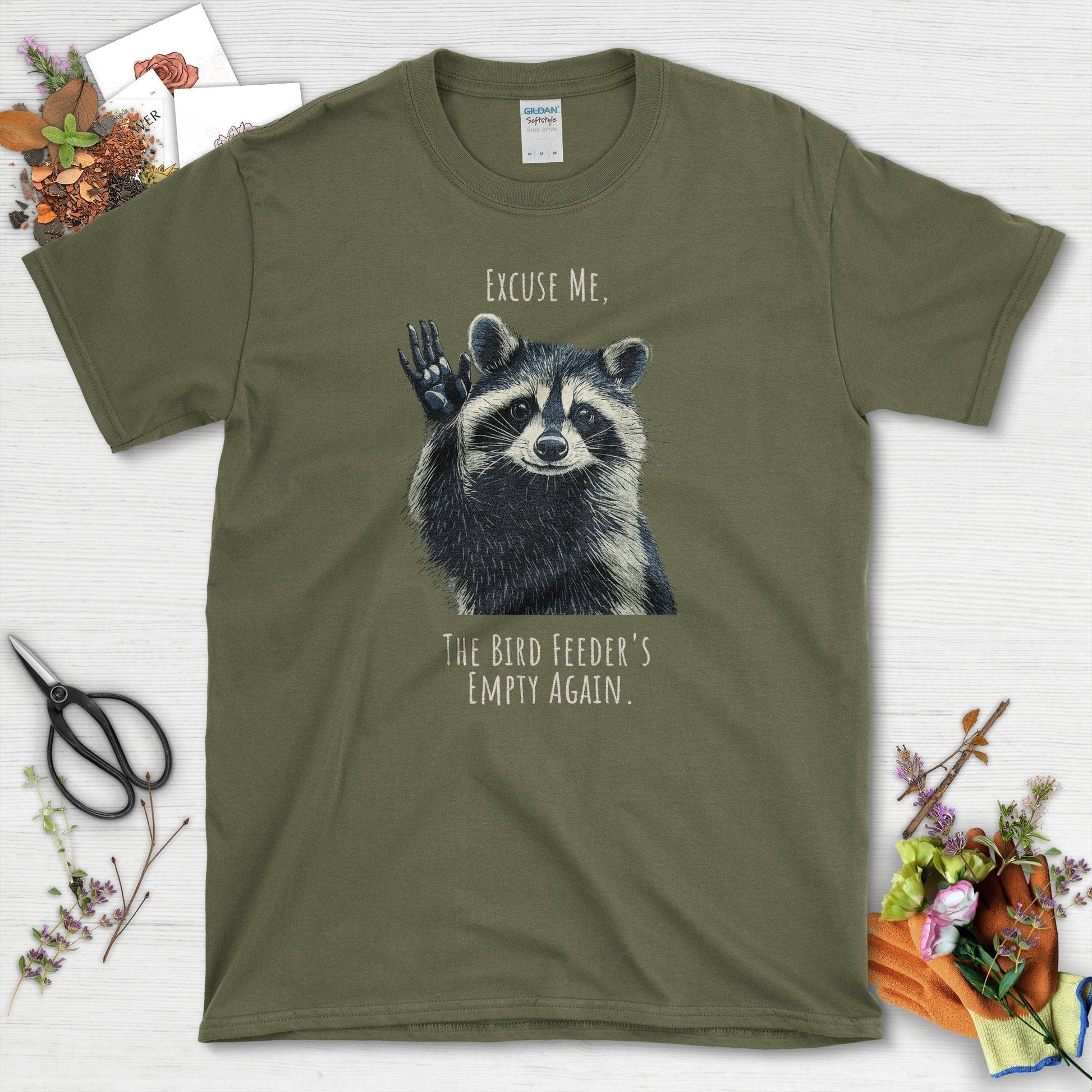 Funny Garden Raccoon T-Shirt Military Green / S T-Shirt