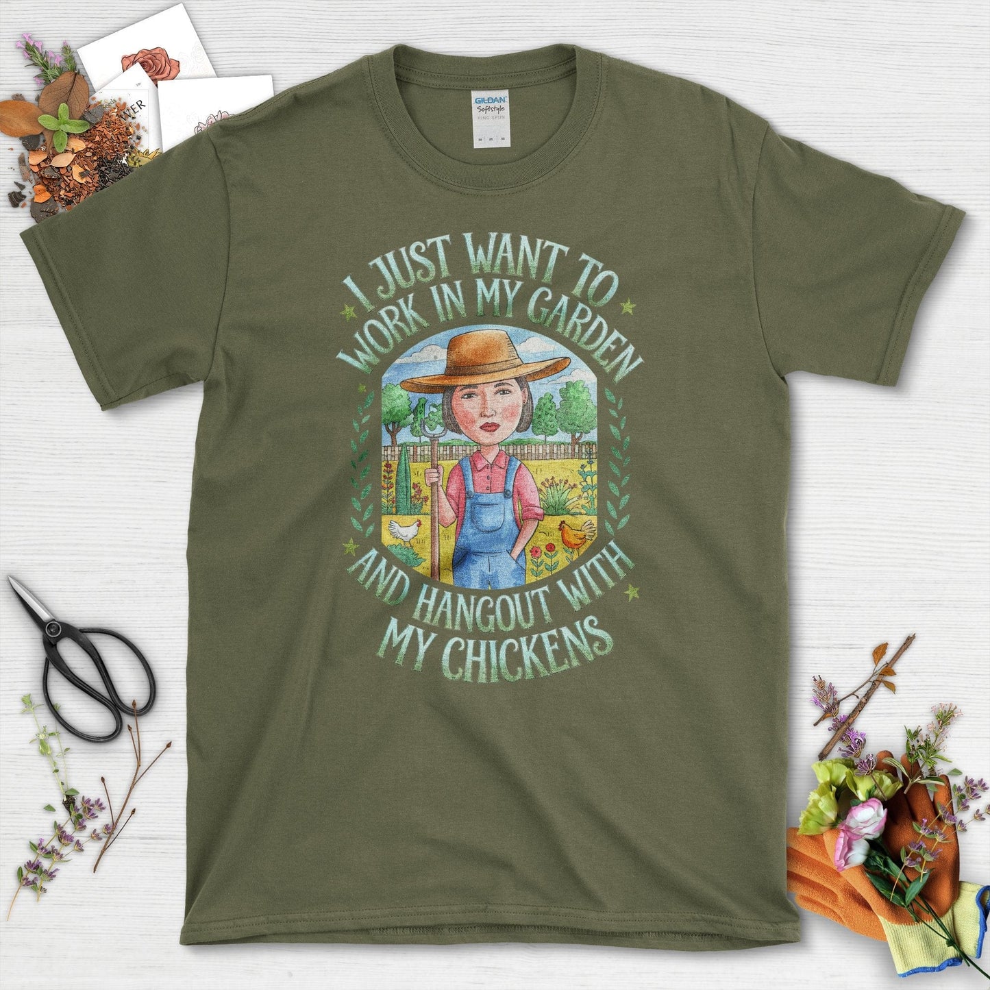 Garden Lover Chickens T-Shirt Military Green / S T-Shirt