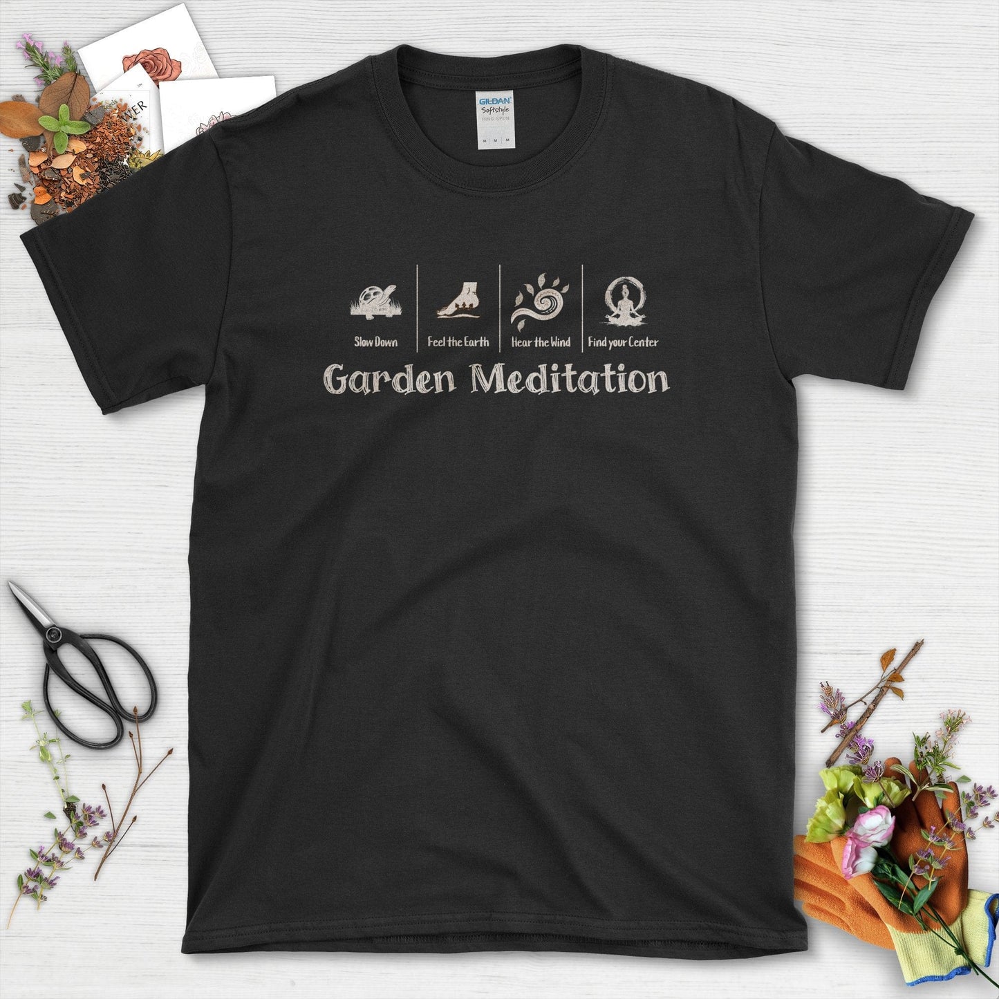 Garden Meditation Slow Down Find Your Center T-Shirts Black / S Physical Item