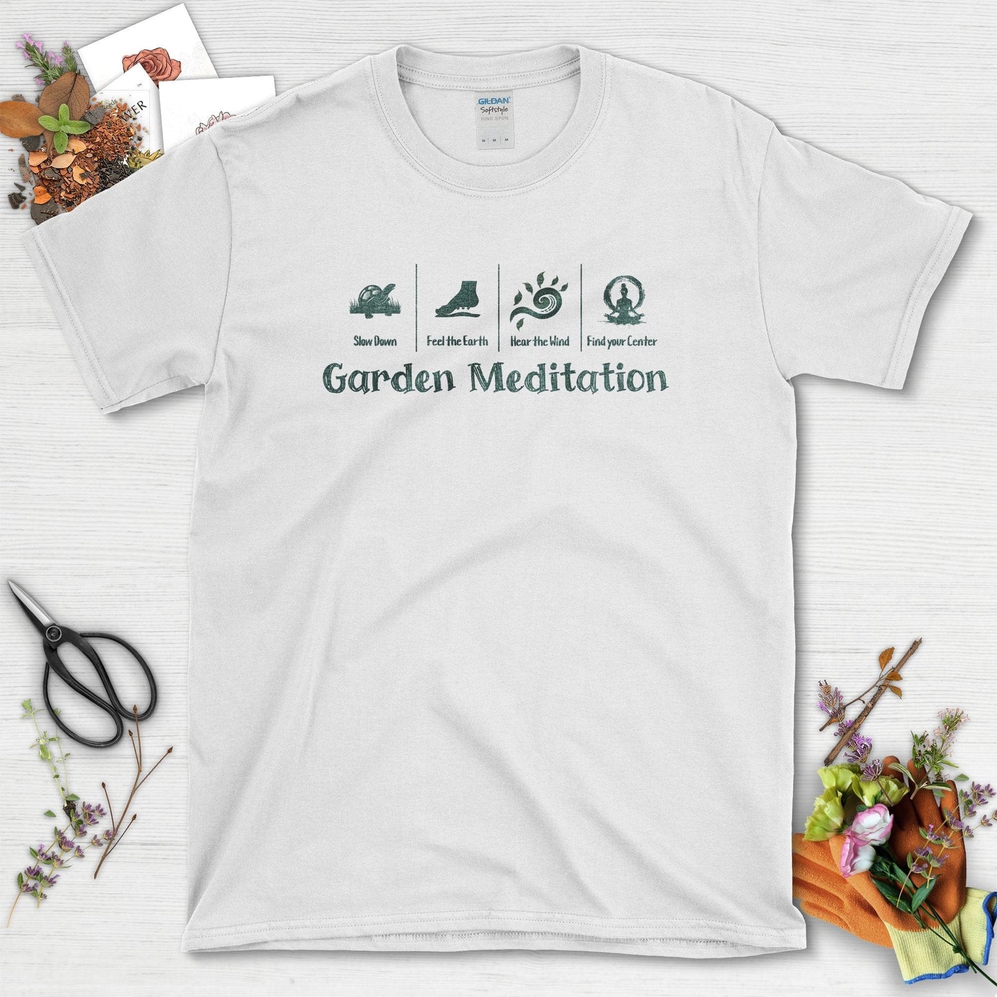 Garden Meditation Slow Down Find Your Center T-Shirts White / S Physical Item