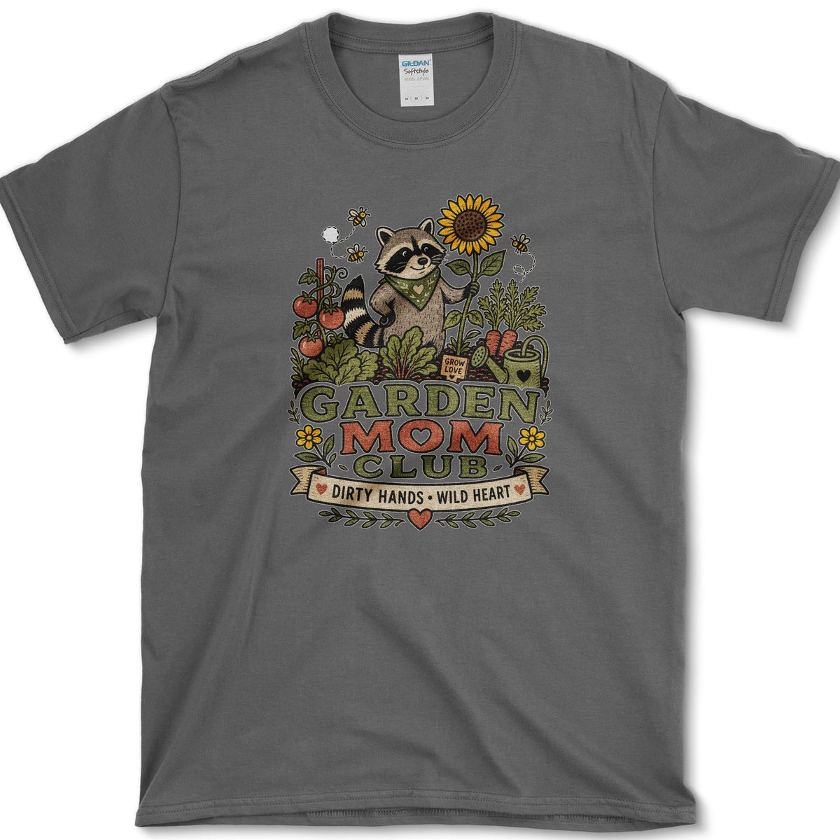 Raccoon wearing a bandana and holding a sunflower and trowel among tomatoes, bees, and Garden Mom Club lettering