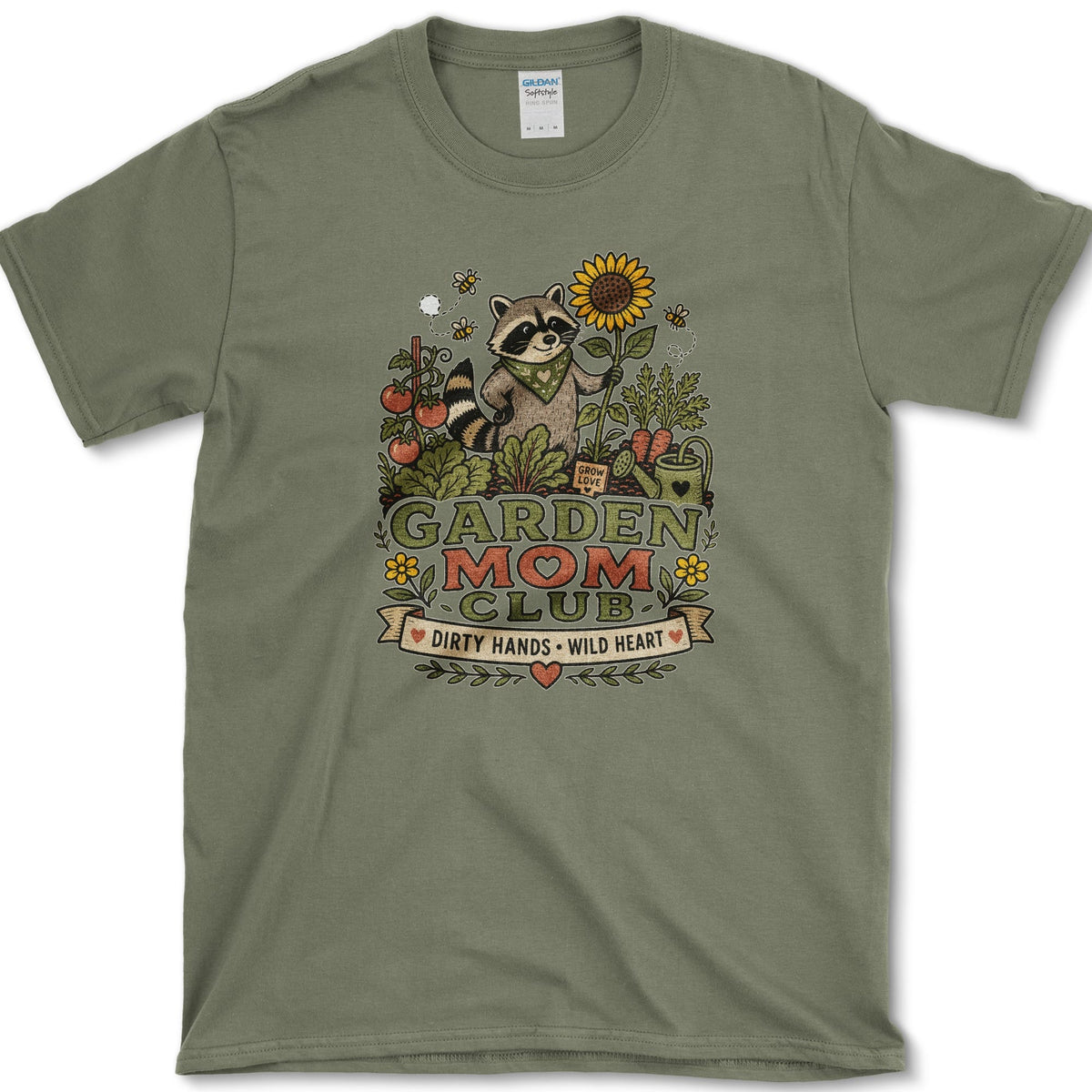 Raccoon wearing a bandana and holding a sunflower and trowel among tomatoes, bees, and Garden Mom Club lettering