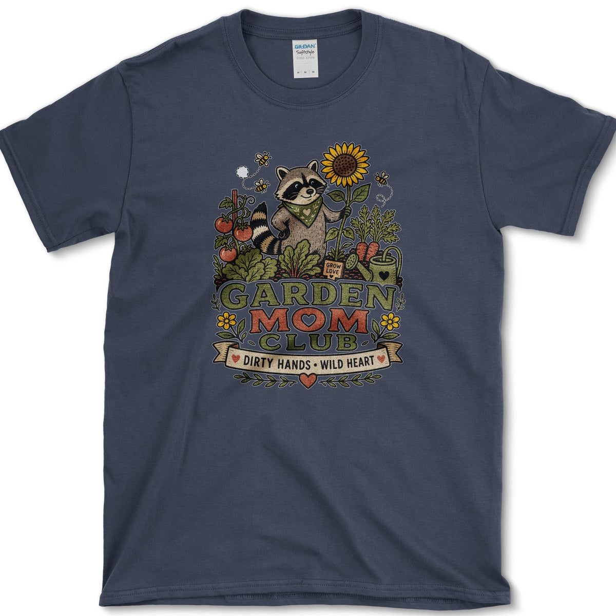 Raccoon wearing a bandana and holding a sunflower and trowel among tomatoes, bees, and Garden Mom Club lettering