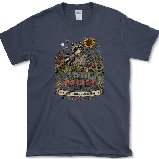 Raccoon wearing a bandana and holding a sunflower and trowel among tomatoes, bees, and Garden Mom Club lettering
