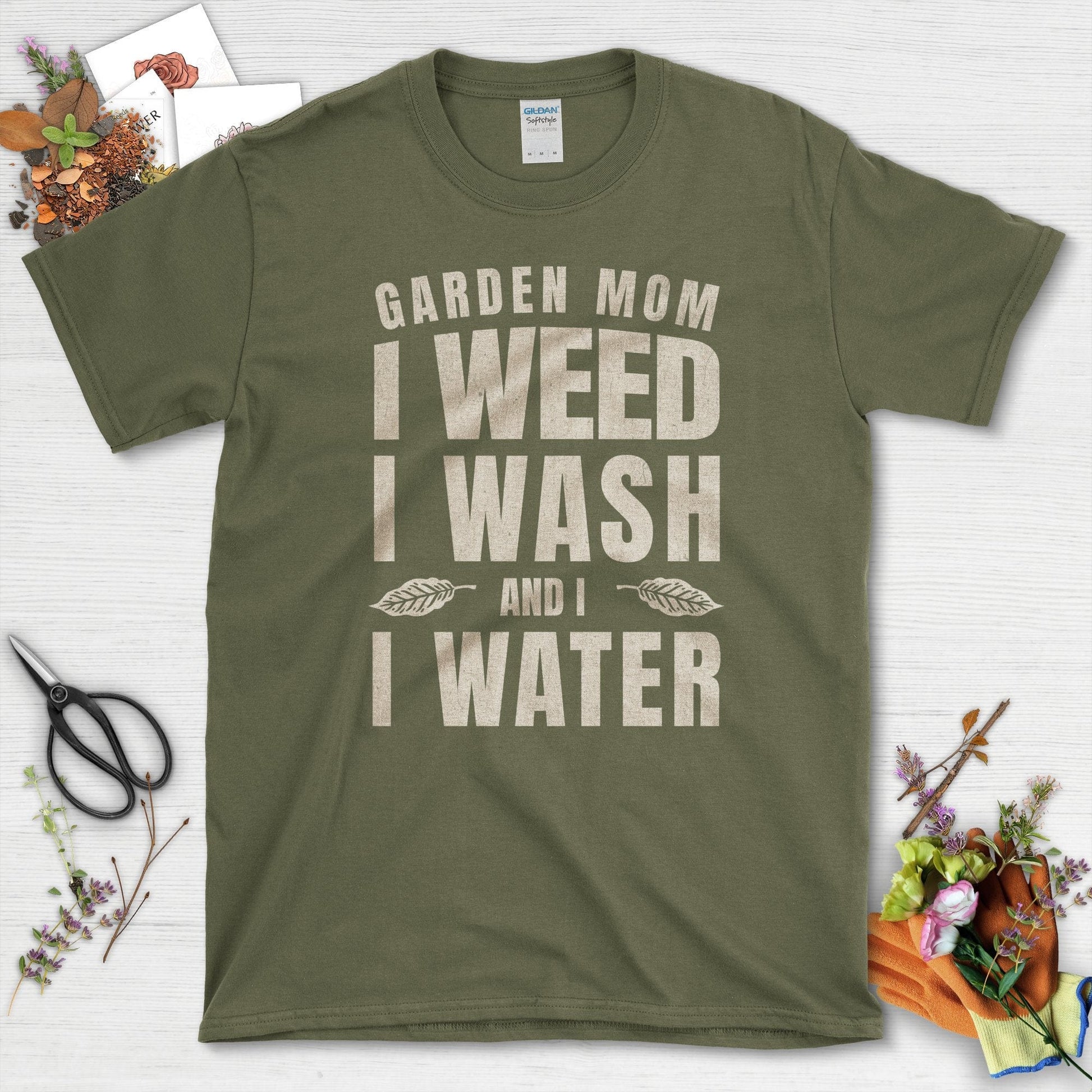 Garden Mom Water Weed Wash T-Shirt Military Green / S / T-Shirts Physical Item