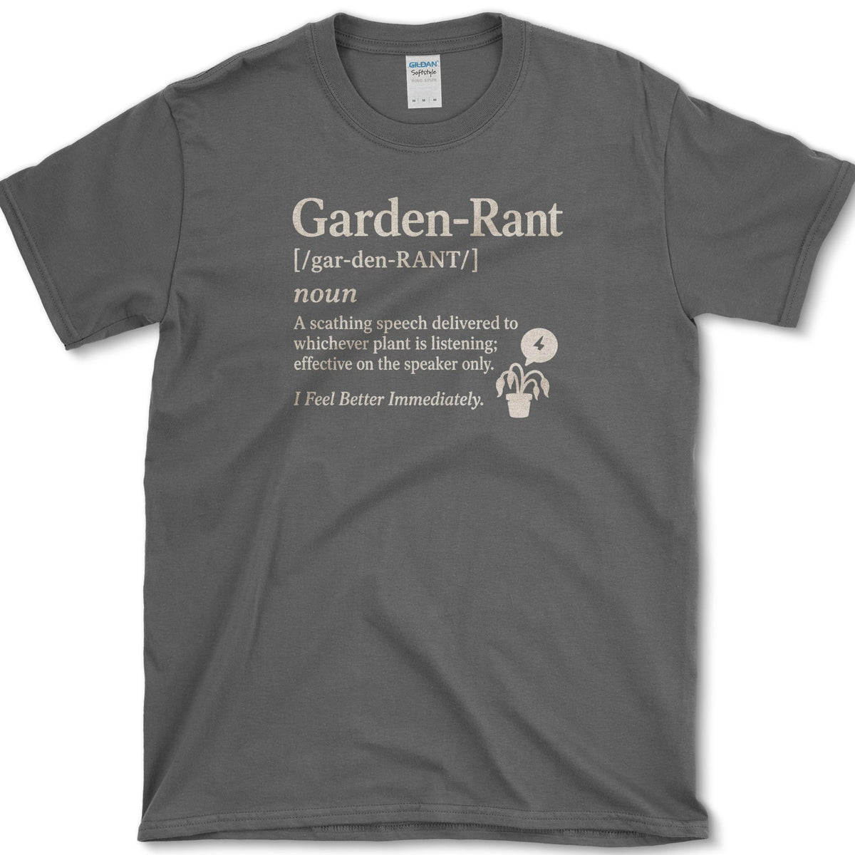 Garden Rant dictionary definition beside an expressive potted houseplant on a T-shirt