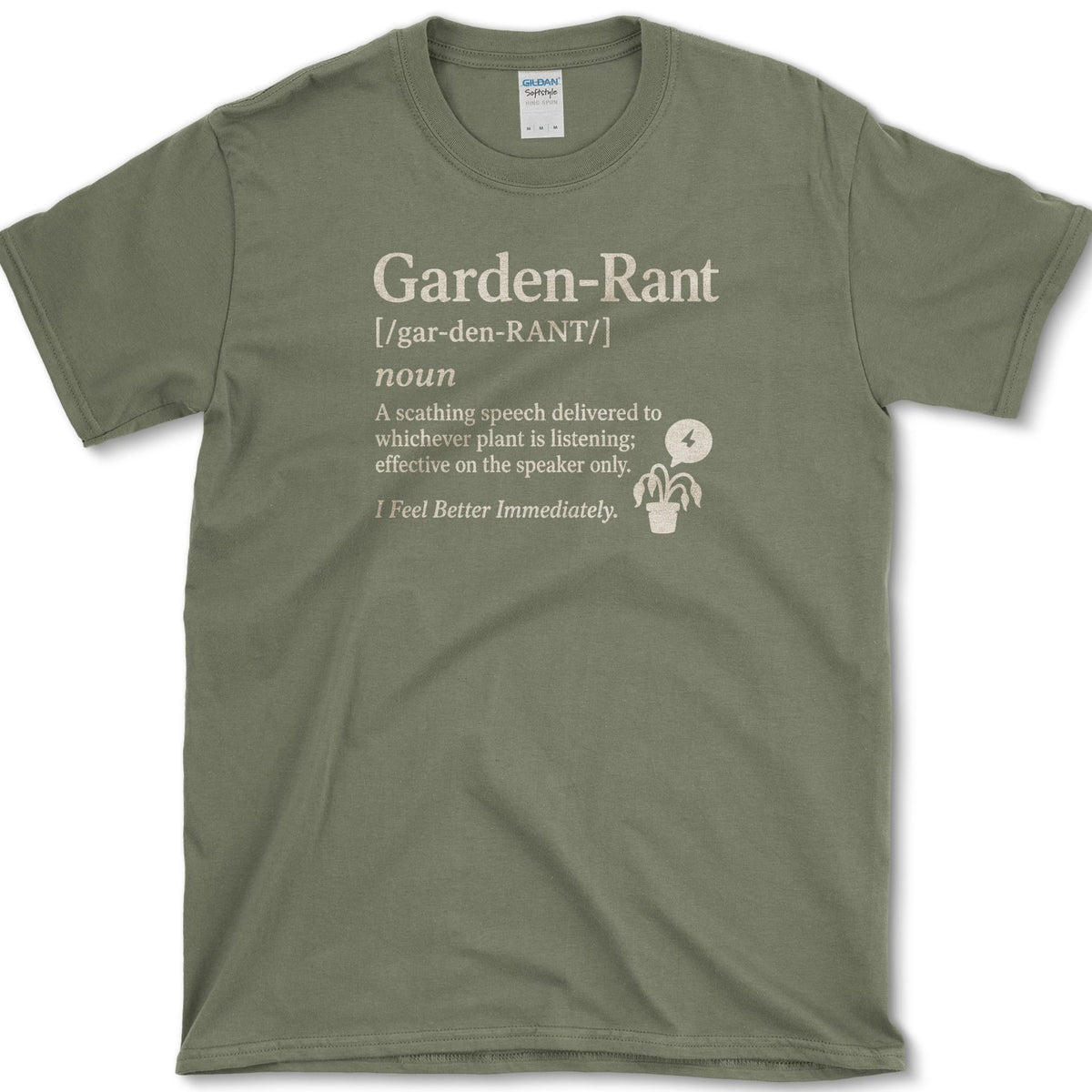 Garden Rant dictionary definition beside an expressive potted houseplant on a T-shirt