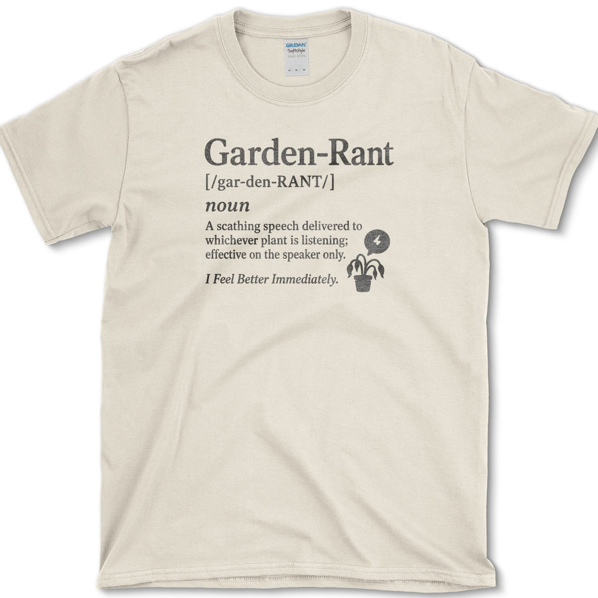 Garden Rant dictionary definition beside an expressive potted houseplant on a T-shirt