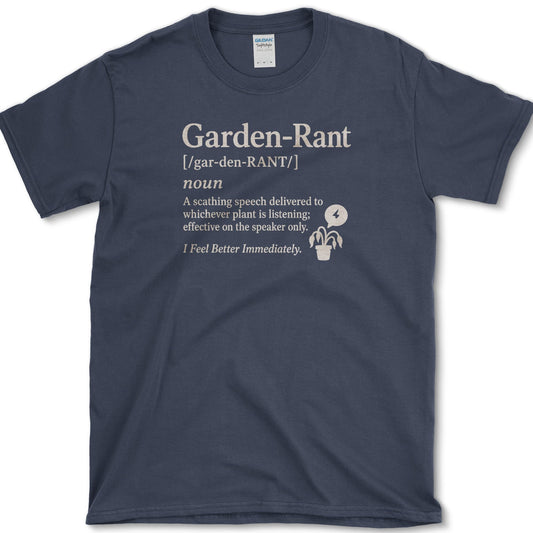 Garden Rant dictionary definition beside an expressive potted houseplant on a T-shirt