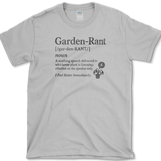 Garden Rant dictionary definition beside an expressive potted houseplant on a T-shirt