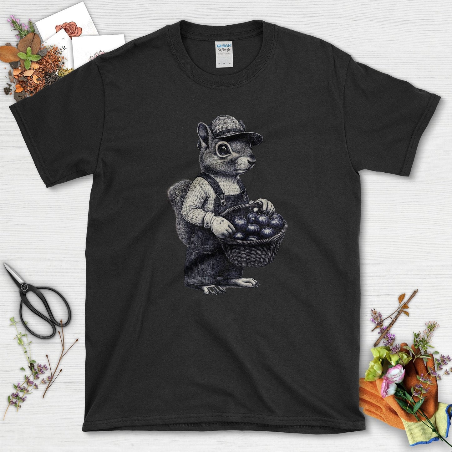 Garden Squirrel & Heirlooms T-Shirt Black / S T-Shirt