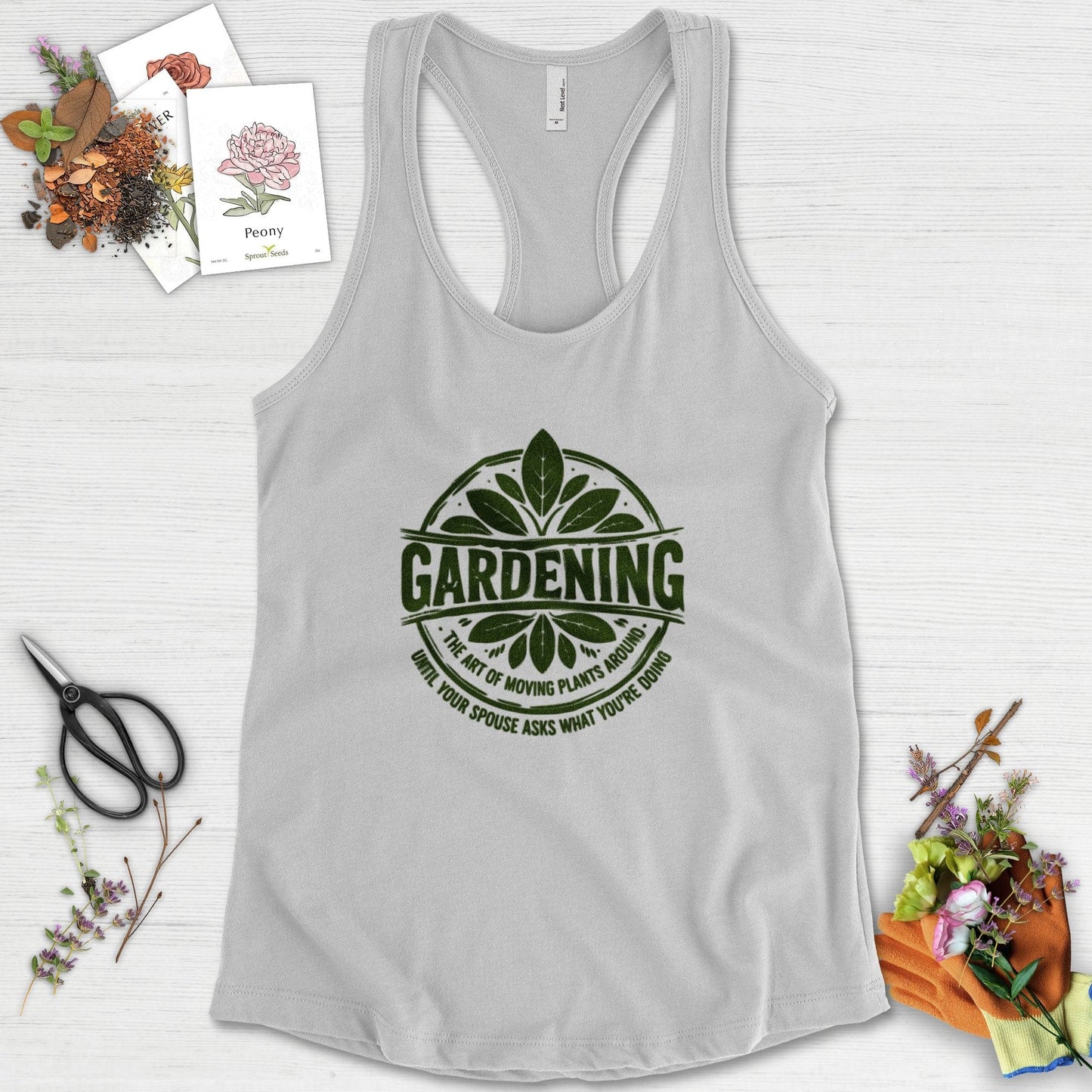 Gardening Art of Moving Plants Racerback Racerback / XS / Heather Grey Physical Item