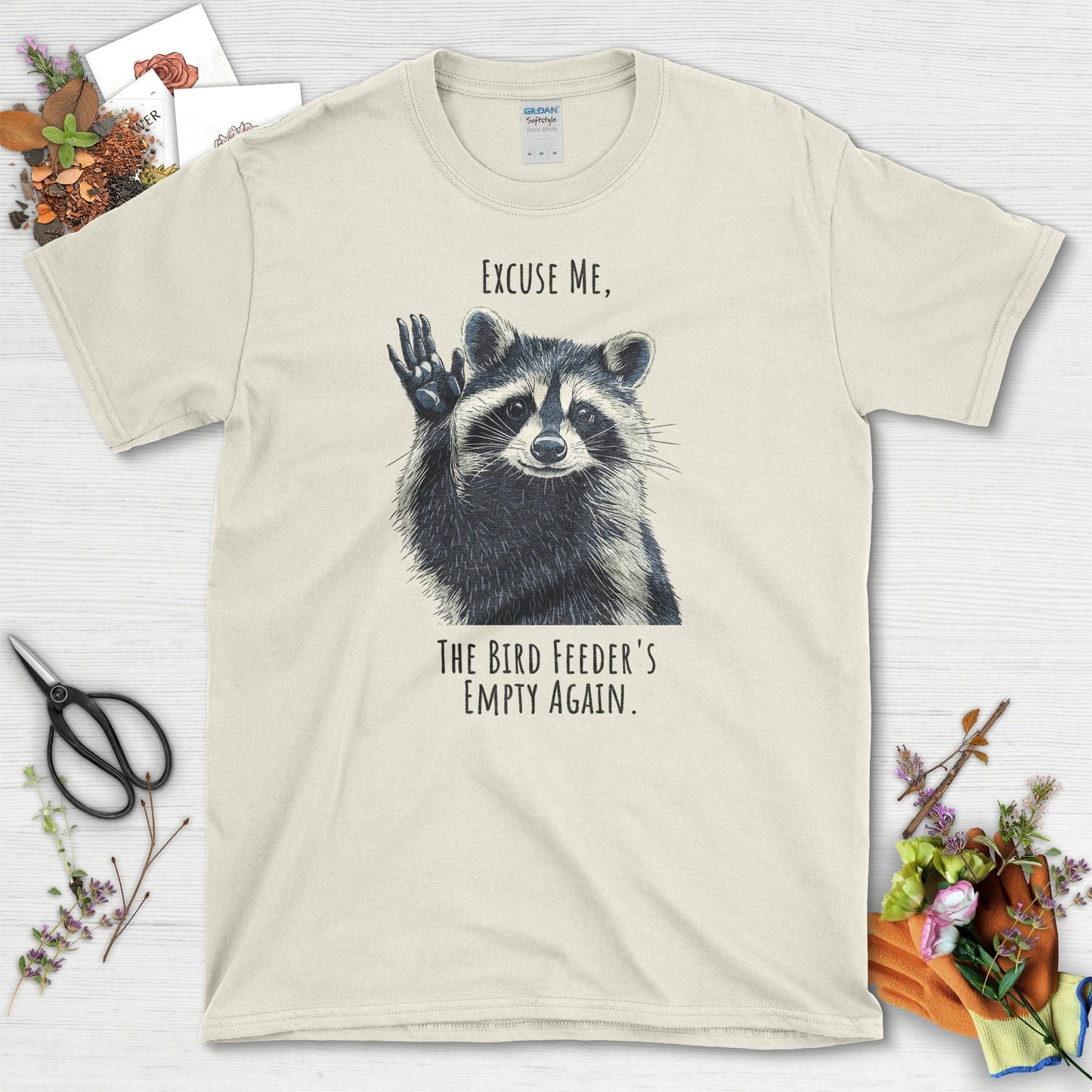 Gardening Enthusiasts Raccoon Graphic T-Shirts T-Shirts / Natural / S Physical Item