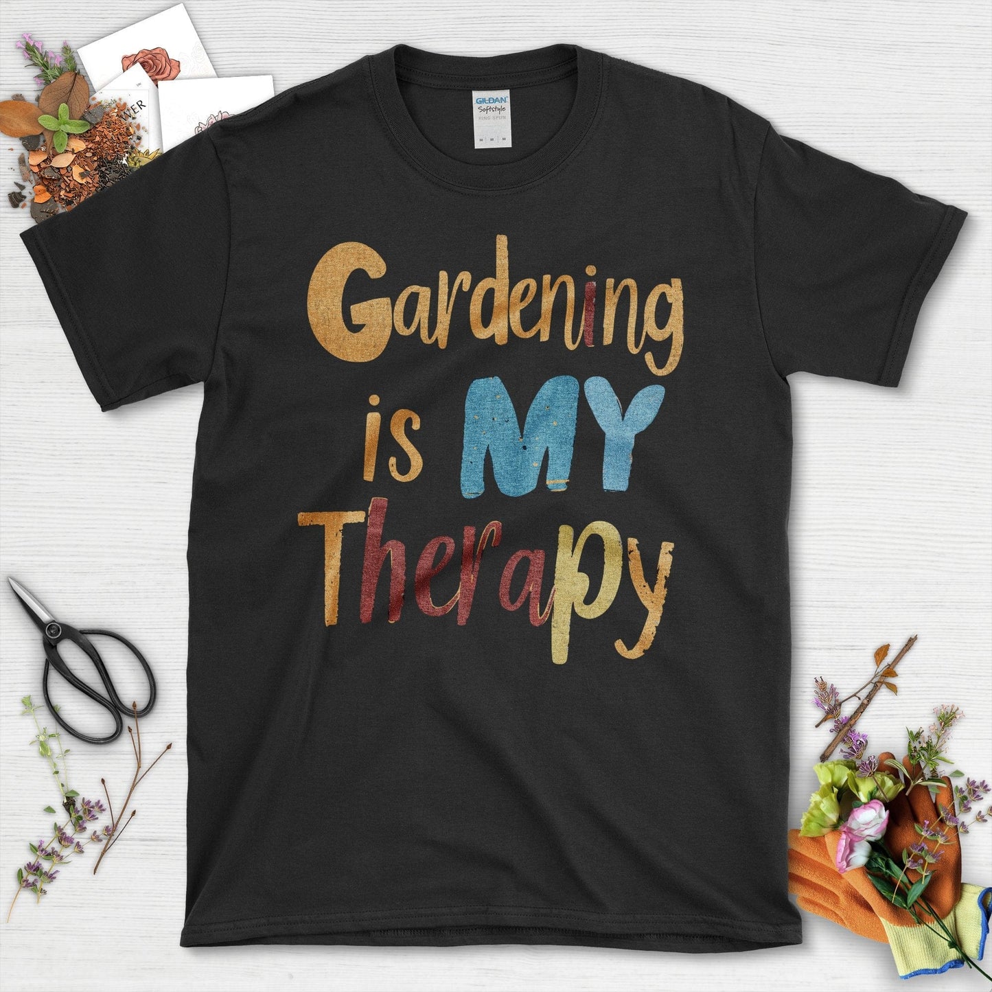 Gardening Is My Therapy Colorful Graphic T-Shirt Black / S T-Shirt