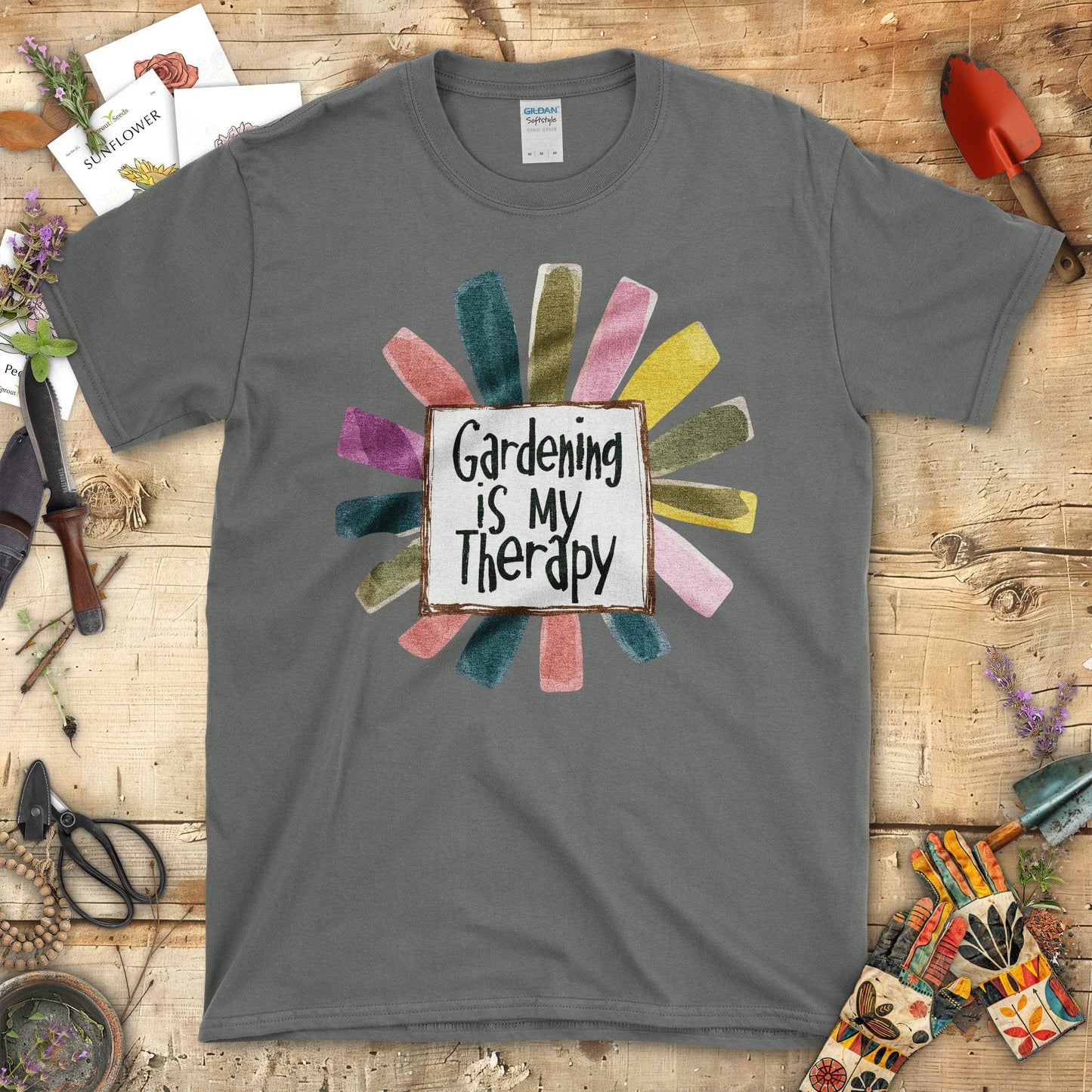 Gardening is My Therapy Colorful Graphic T-Shirt Charcoal / S T-Shirt