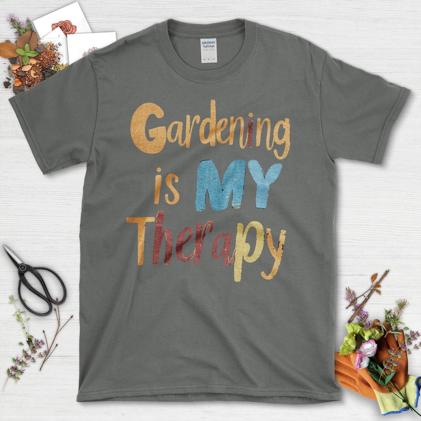 Gardening Is My Therapy Colorful Graphic T-Shirt Charcoal / S T-Shirt