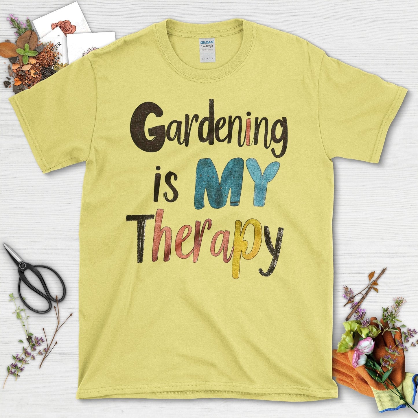 Gardening Is My Therapy Colorful Graphic T-Shirt Cornsilk / S T-Shirt