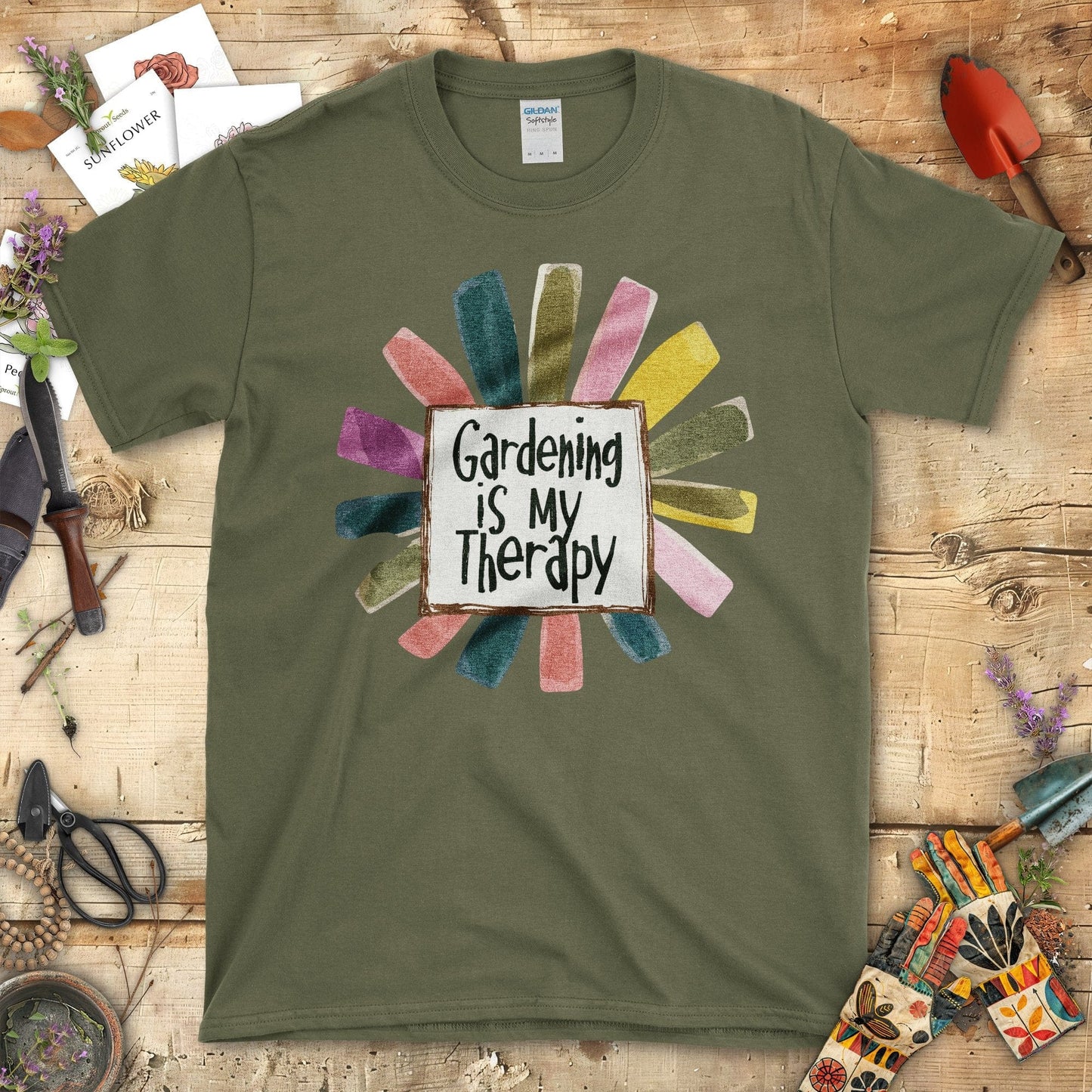 Gardening is My Therapy Colorful Graphic T-Shirt Military Green / S T-Shirt