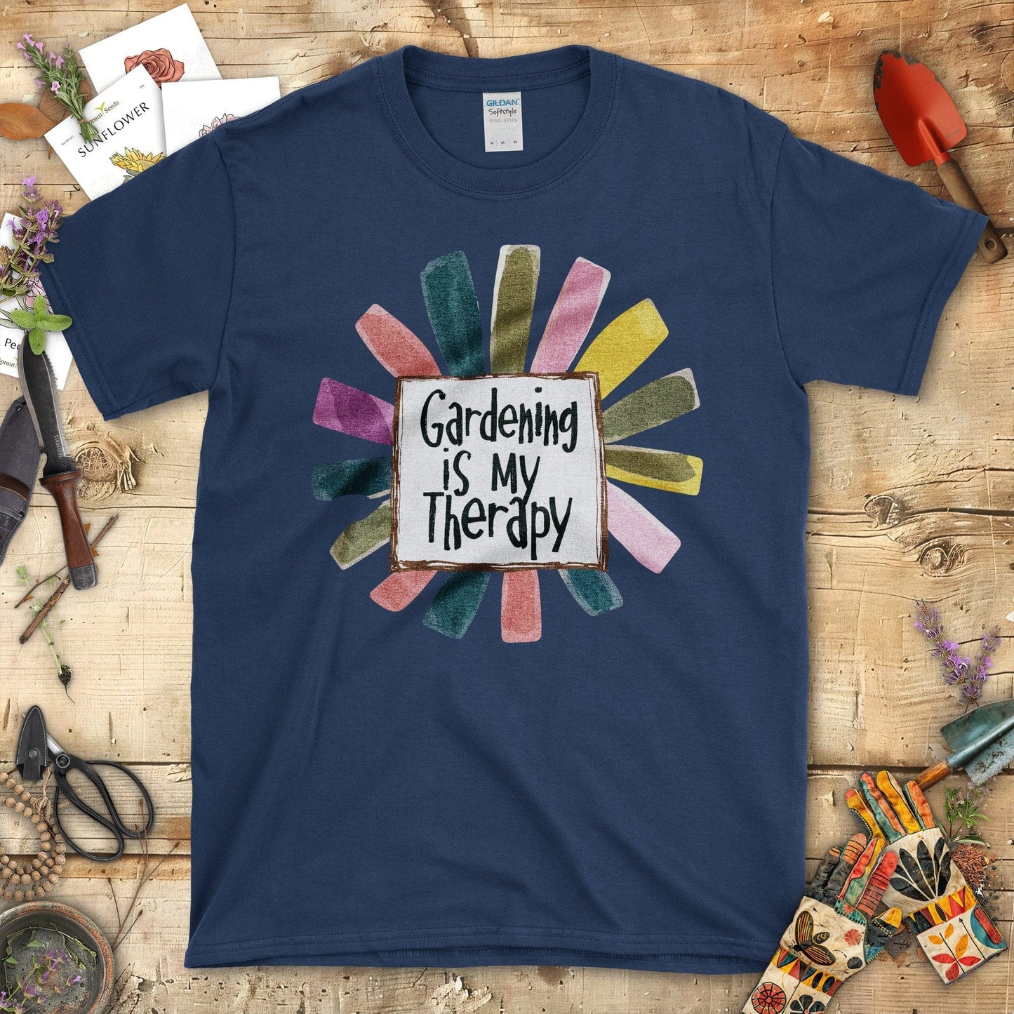 Gardening is My Therapy Colorful Graphic T-Shirt Navy / S T-Shirt