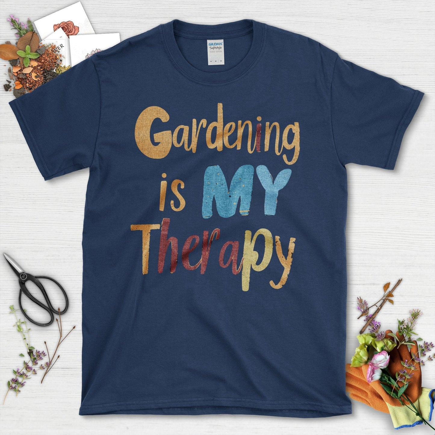 Gardening Is My Therapy Colorful Graphic T-Shirt Navy / S T-Shirt