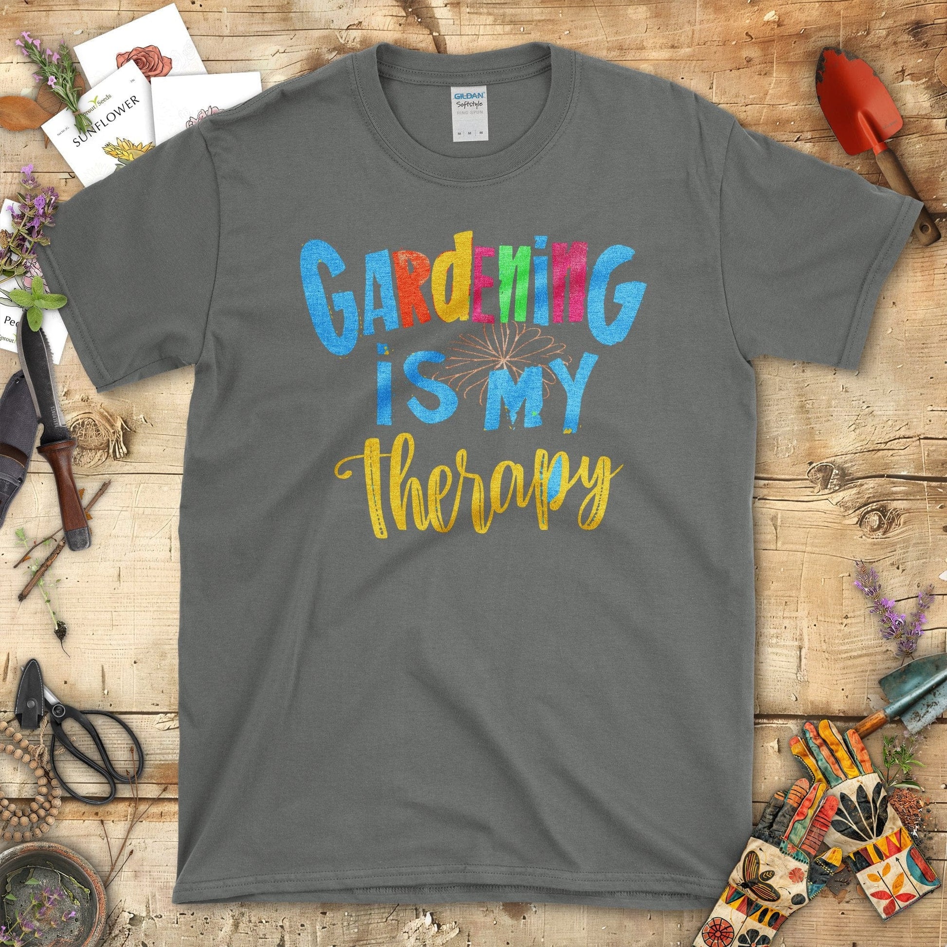 Gardening is My Therapy Graphic Print Casual T-Shirt Charcoal / S T-Shirt