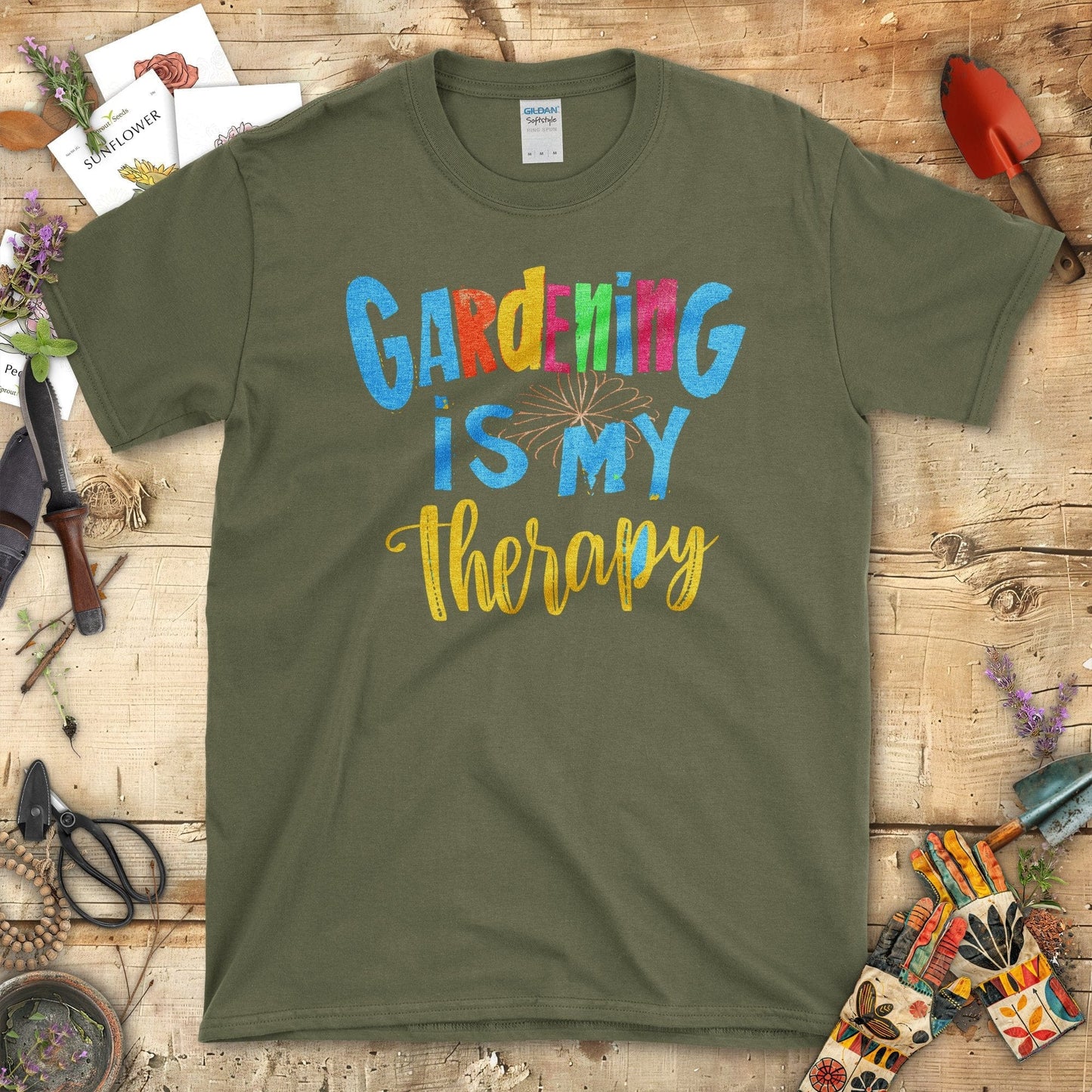 Gardening is My Therapy Graphic Print Casual T-Shirt Military Green / S T-Shirt