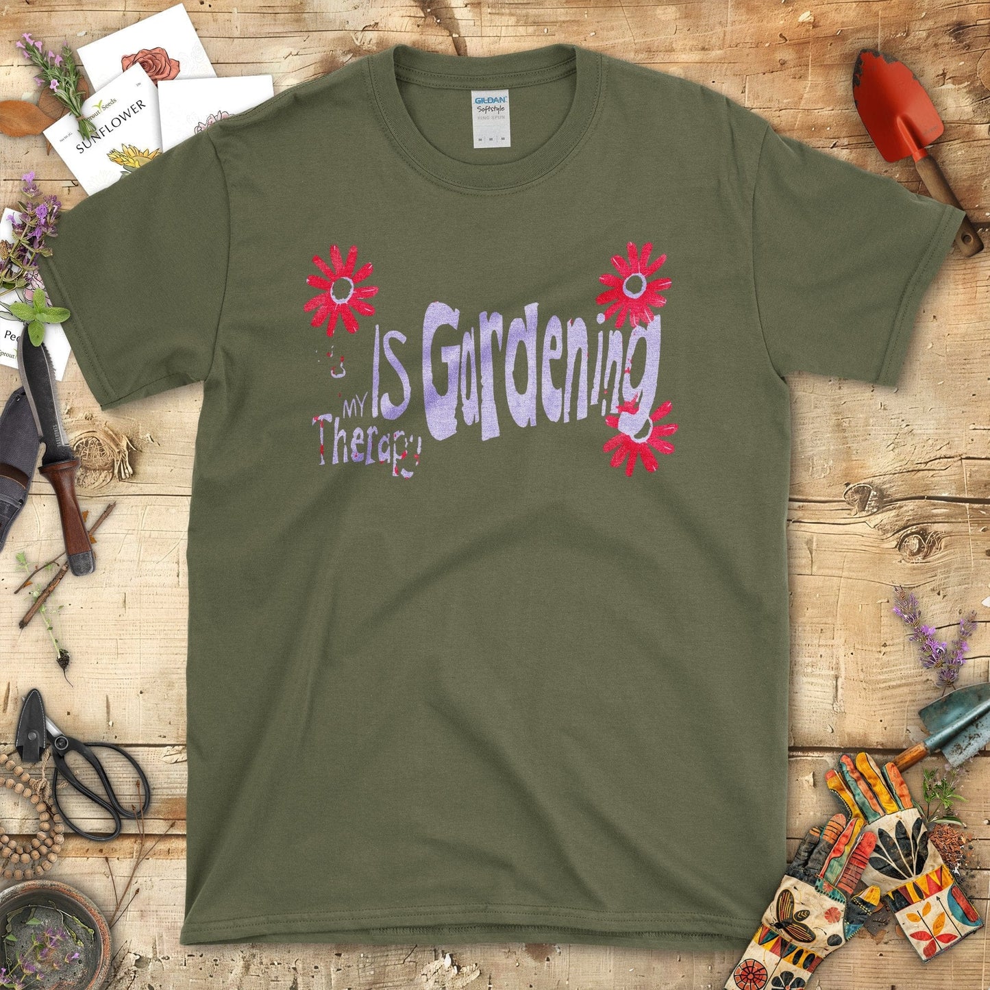 Gardening Is My Therapy Graphic T-Shirt Military Green / S T-Shirt