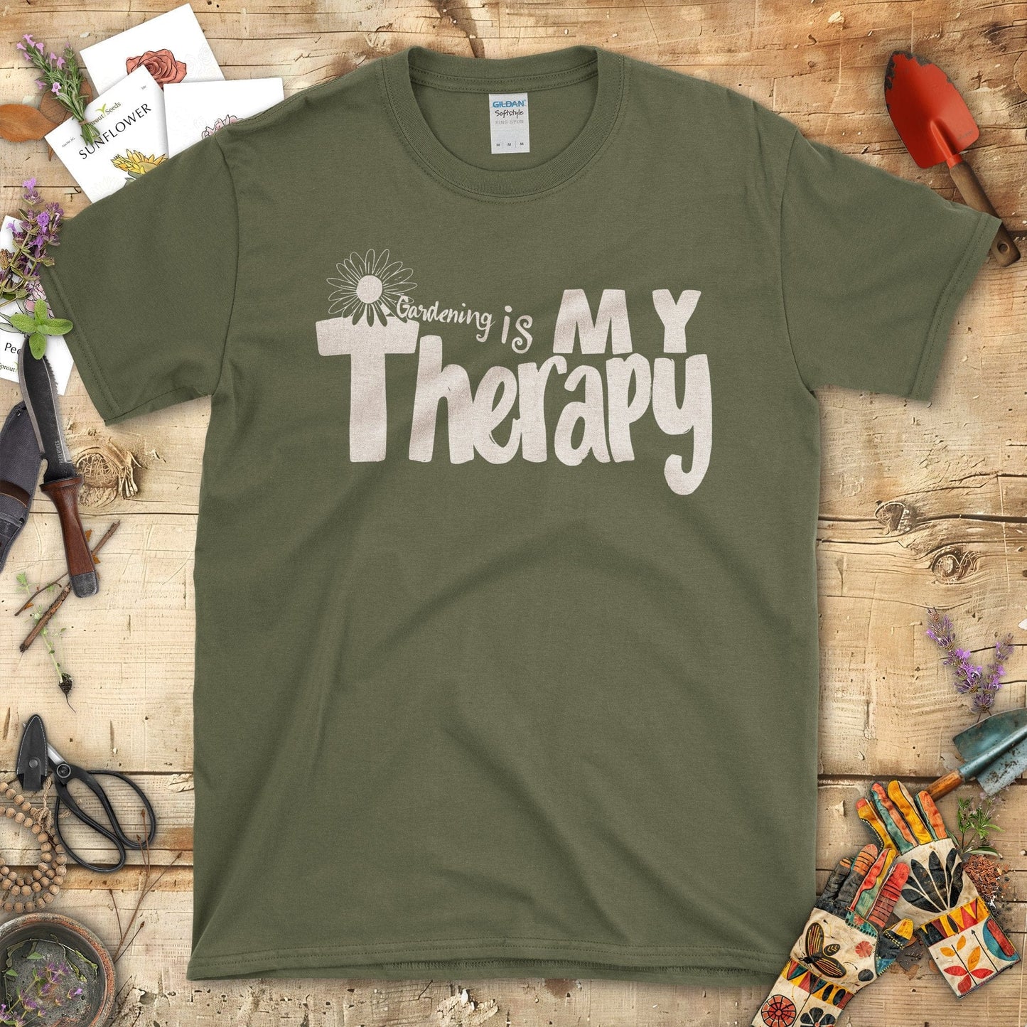 Gardening is My Therapy Vibrant Graphic T-Shirt Military Green / S T-Shirt