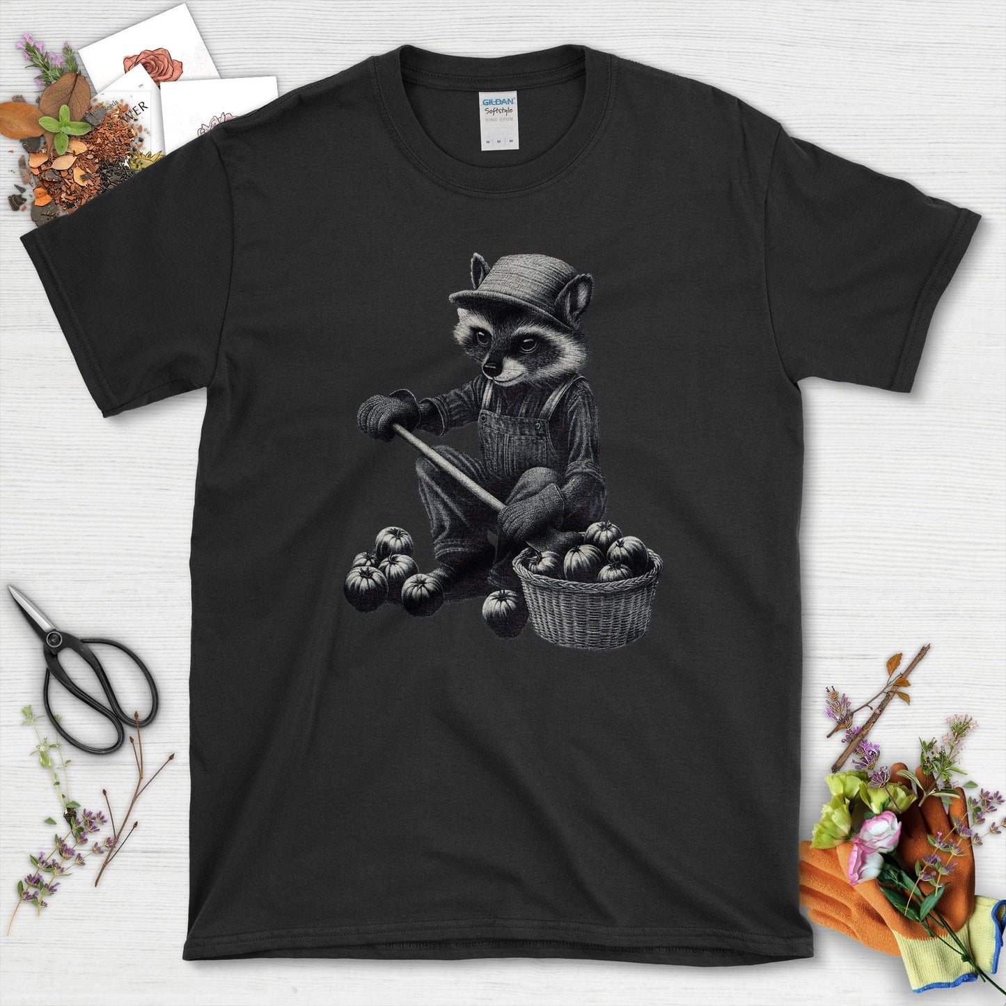 Gardening Raccoon & Tomatoes T-Shirt Black / S T-Shirt