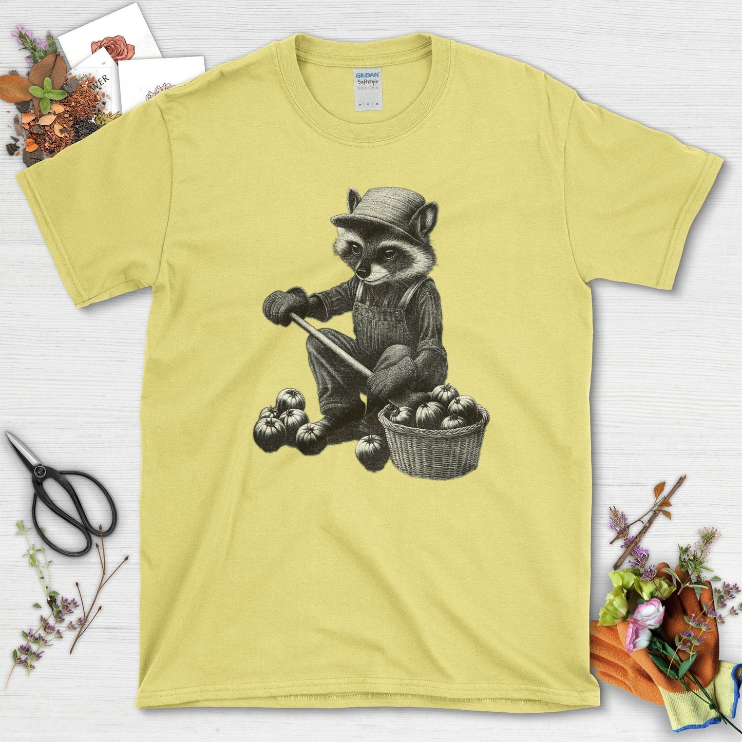 Gardening Raccoon & Tomatoes T-Shirt Cornsilk / S T-Shirt