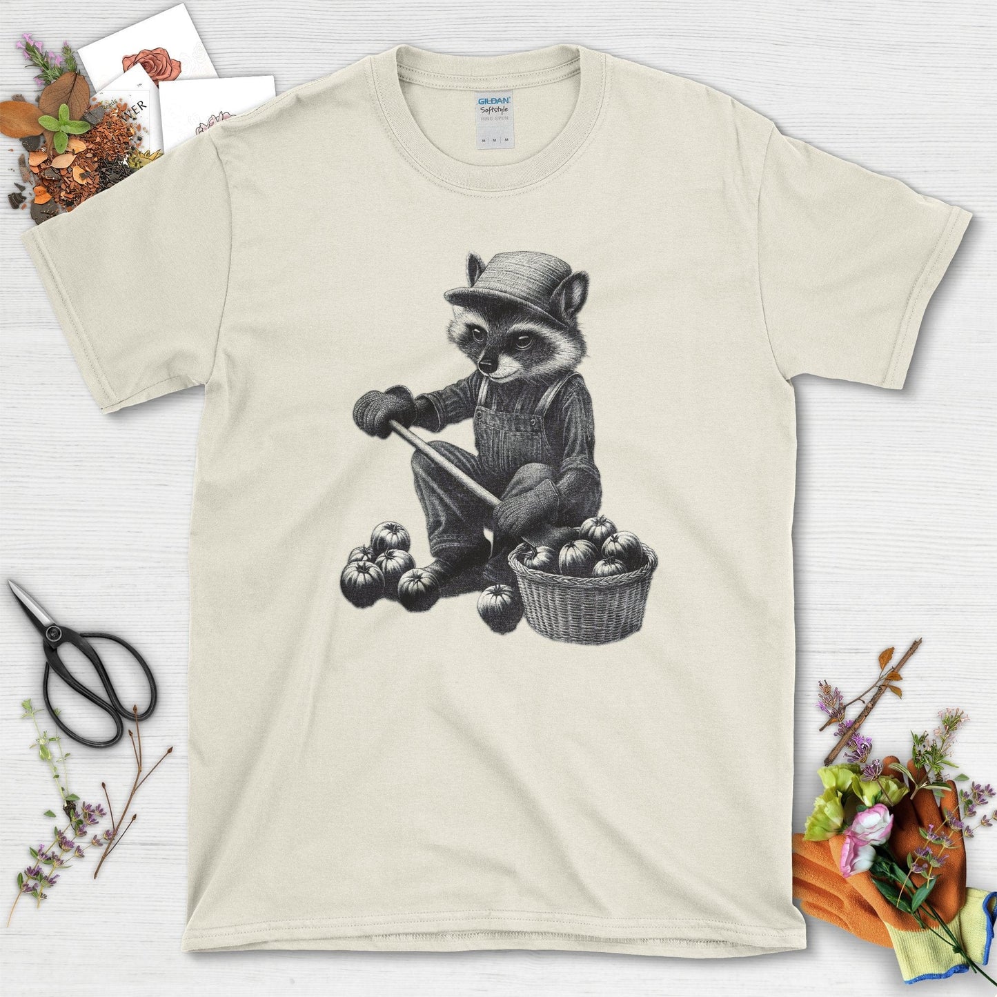 Gardening Raccoon & Tomatoes T-Shirt Natural / S T-Shirt