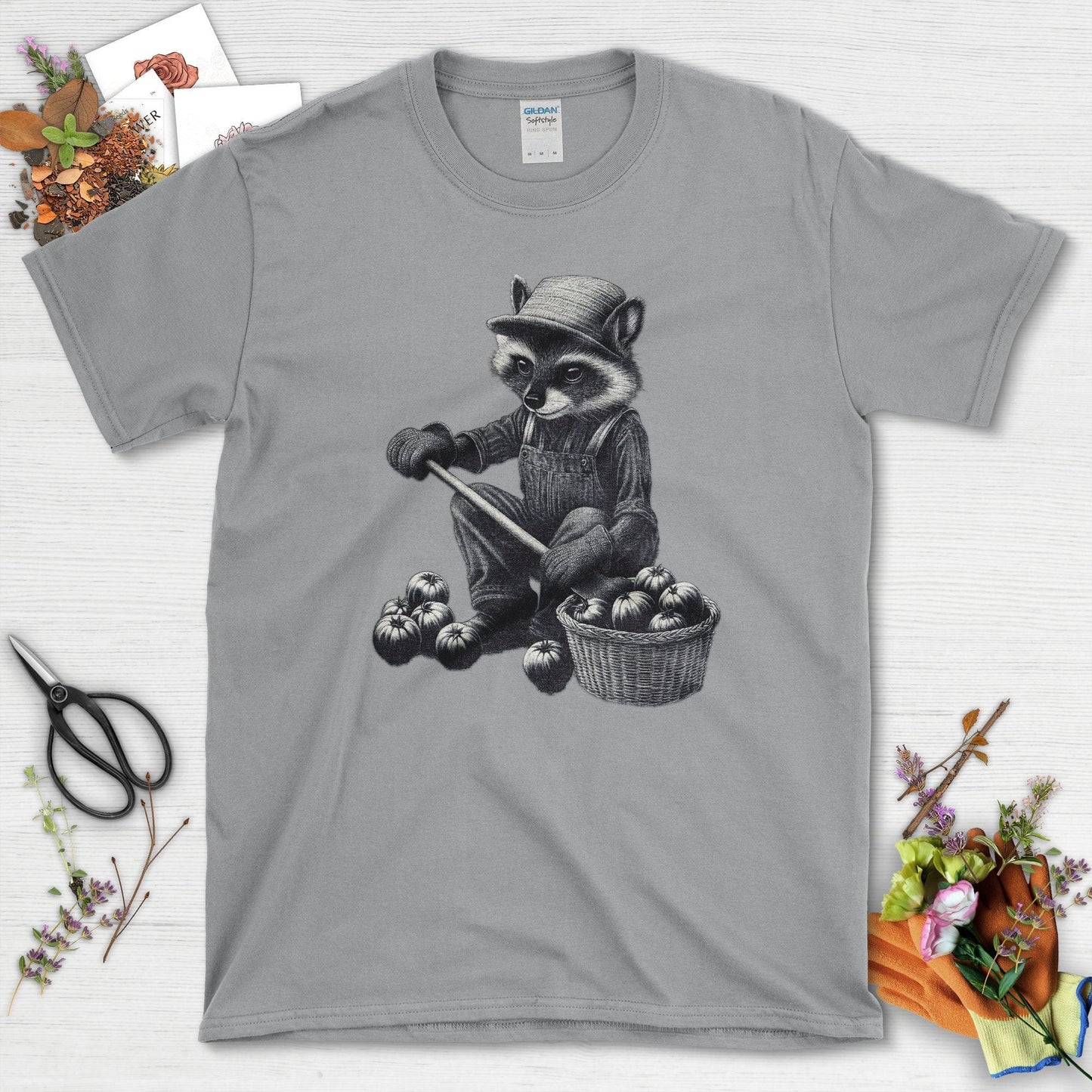 Gardening Raccoon & Tomatoes T-Shirt Sport Grey / S T-Shirt