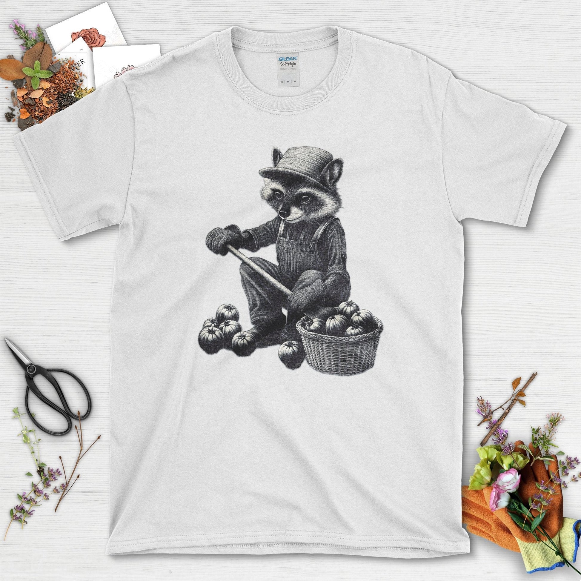 Gardening Raccoon & Tomatoes T-Shirt White / S T-Shirt