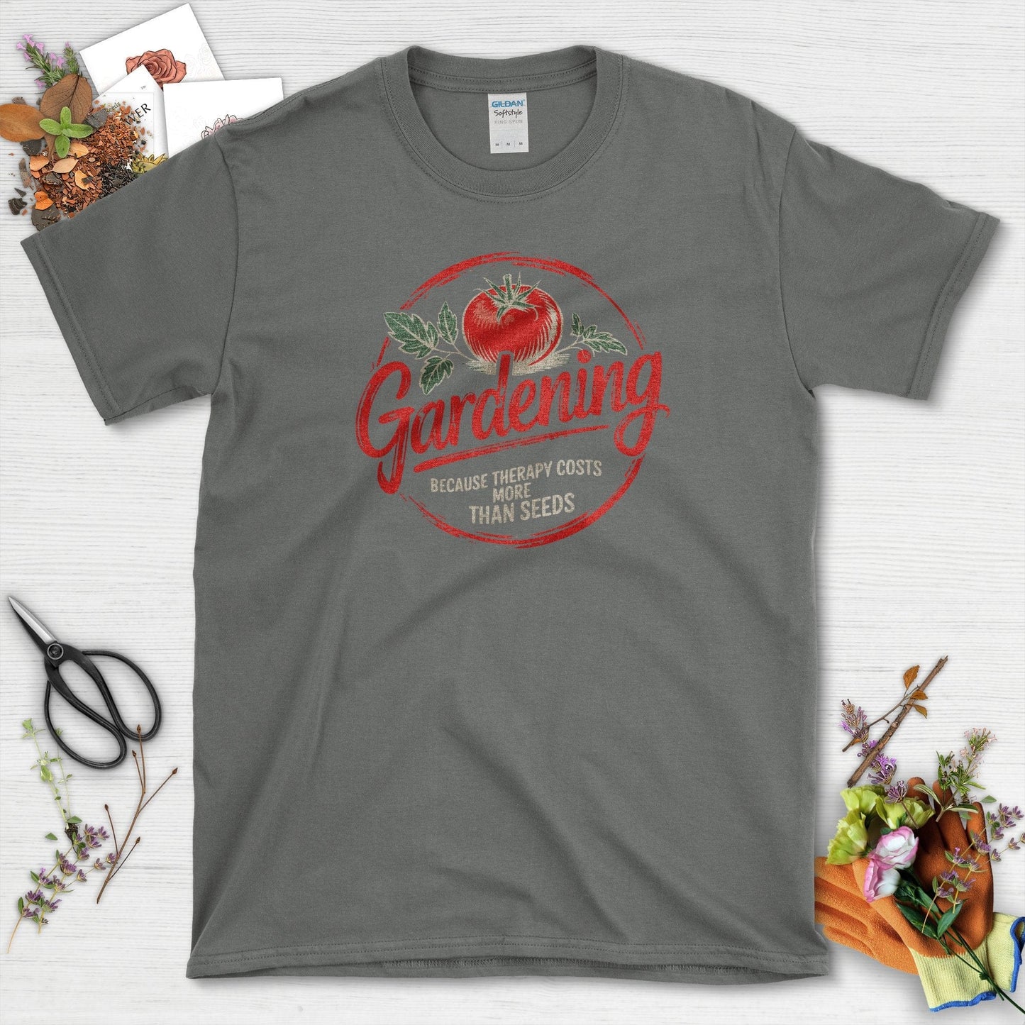 Gardening Therapy Quotes T-Shirt Charcoal / S Physical Item