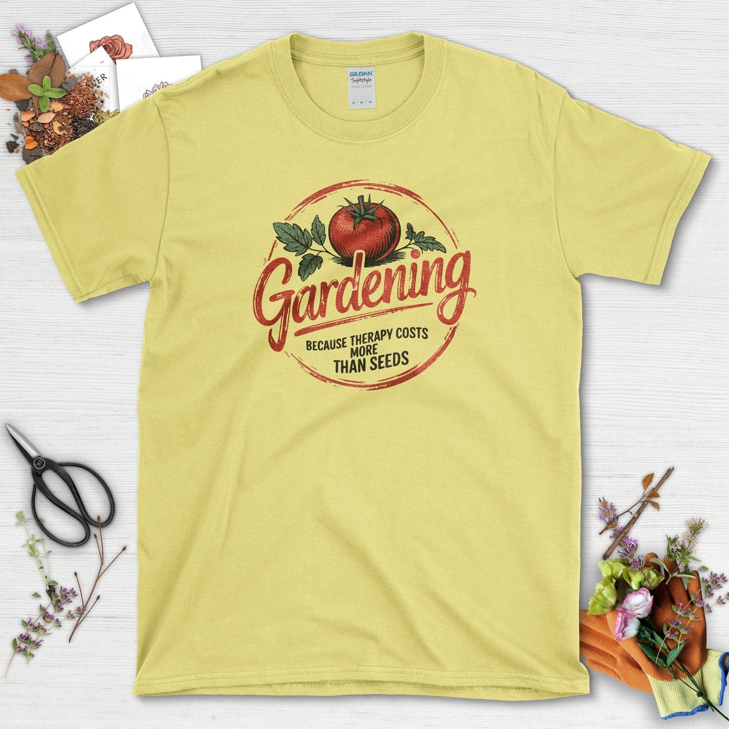 Gardening Therapy Quotes T-Shirt Cornsilk / S Physical Item