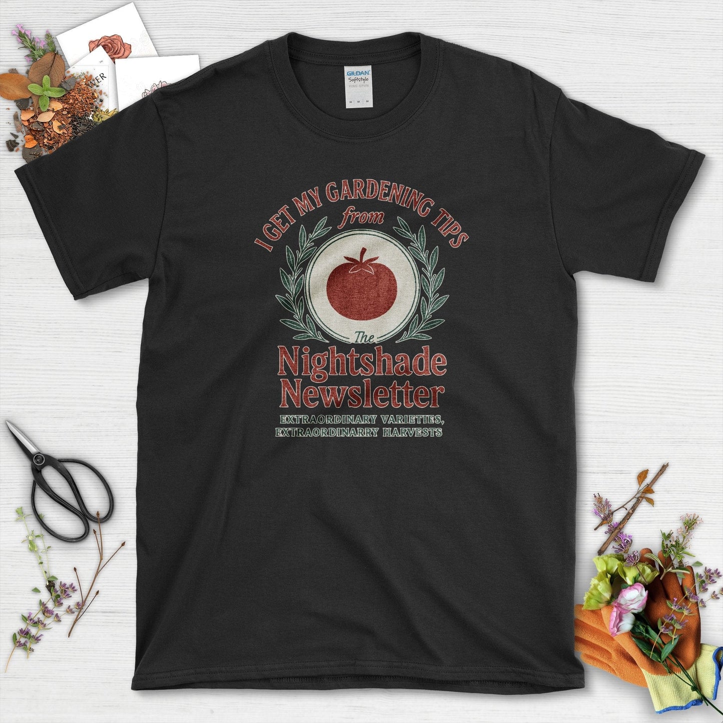 Gardening Tips Nightshade Newsletter T-Shirt Black / S Physical Item