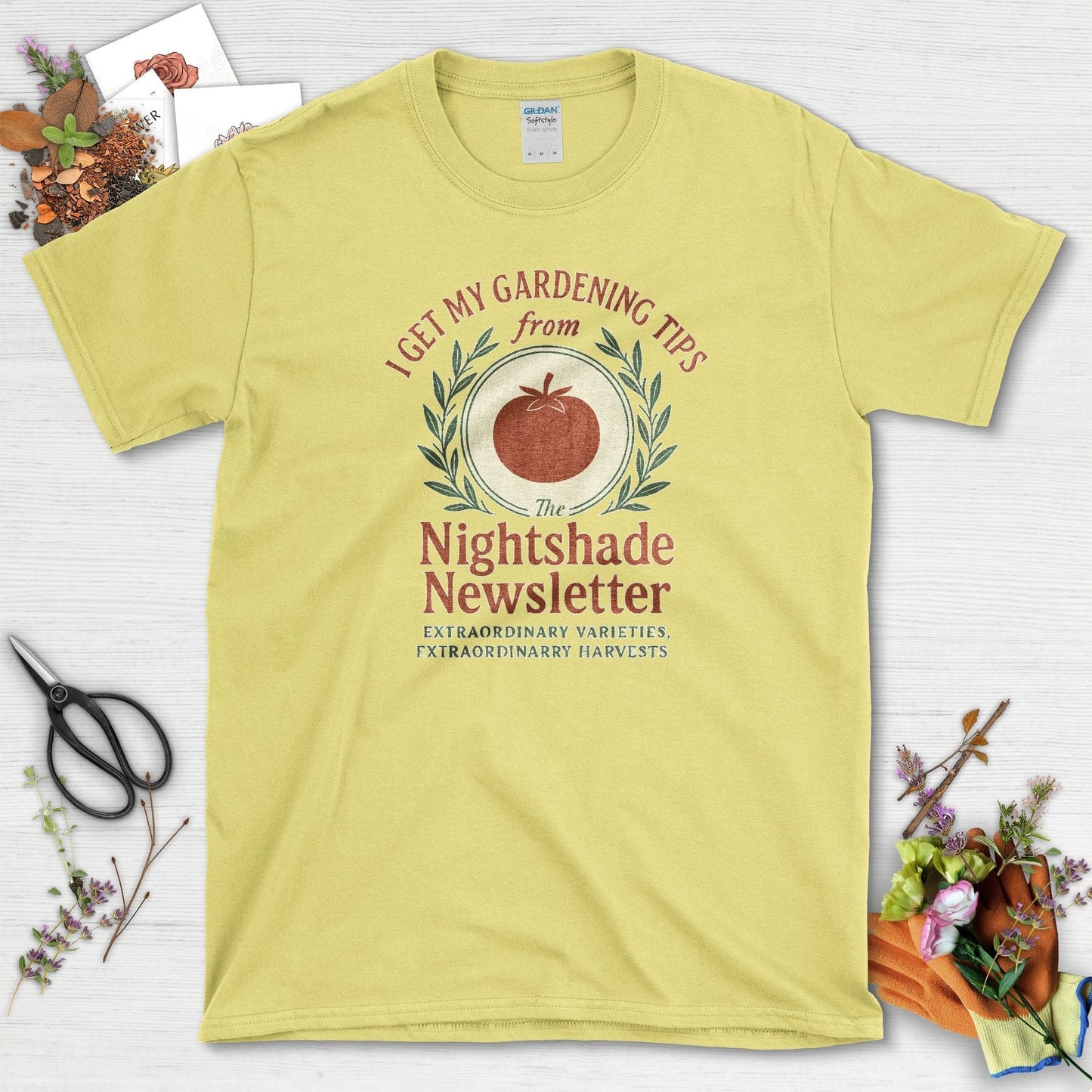 Gardening Tips Nightshade Newsletter T-Shirt Cornsilk / S Physical Item