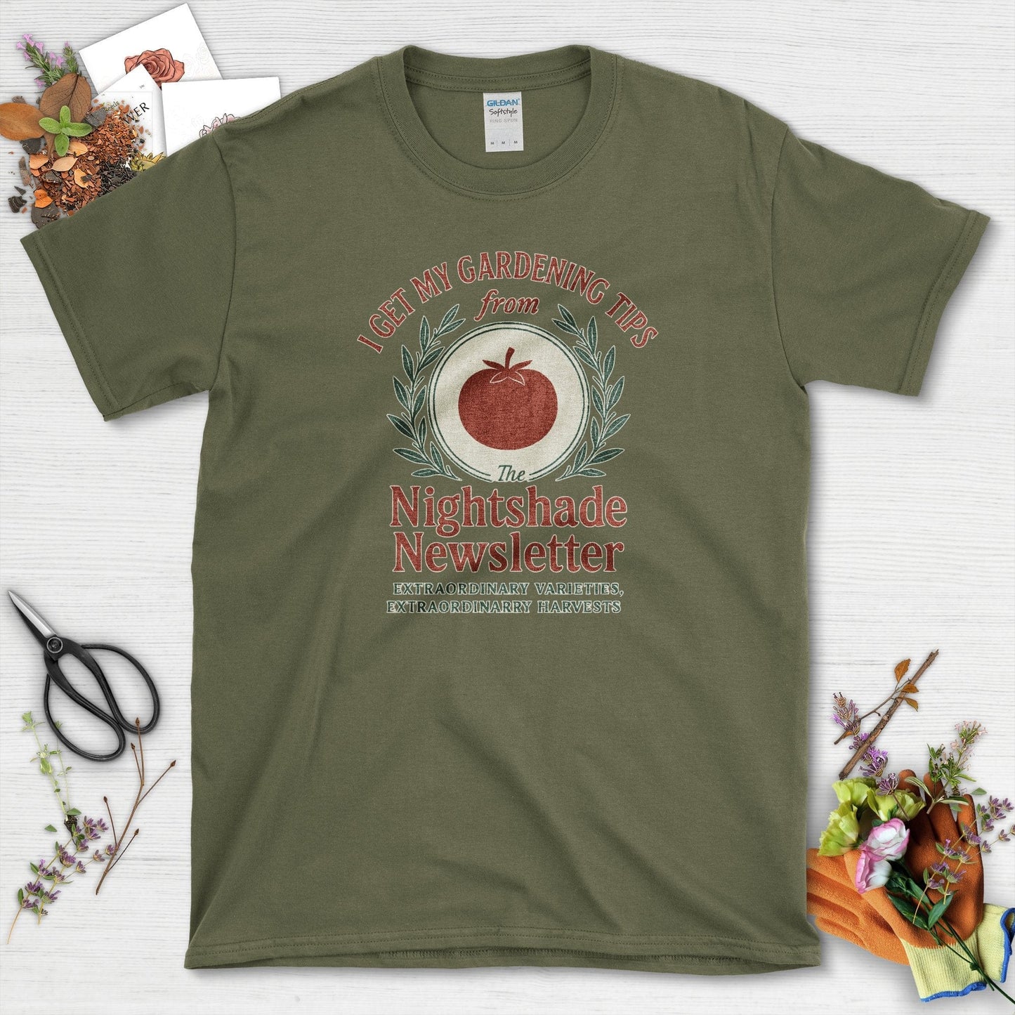 Gardening Tips Nightshade Newsletter T-Shirt Military Green / S Physical Item