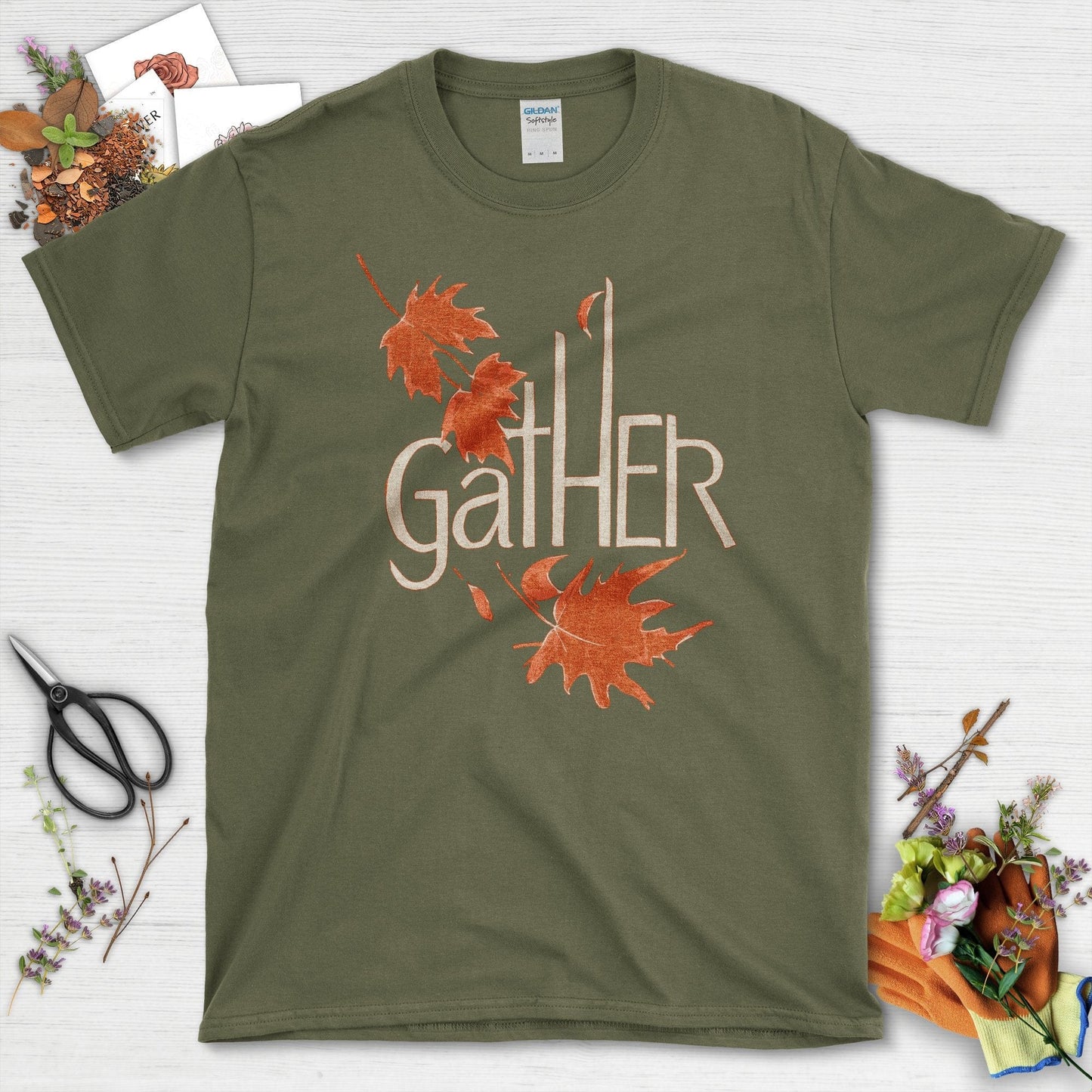 Gather Autumn Leaves T-Shirt T-Shirts / S / Military Green Physical Item