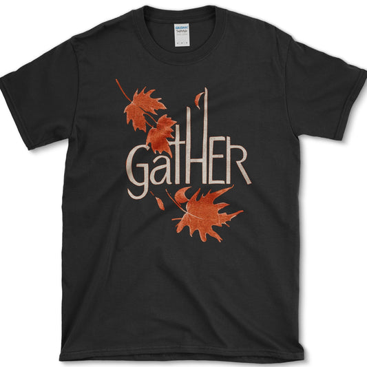 Tall Gather lettering surrounded by four drifting orange maple leaves