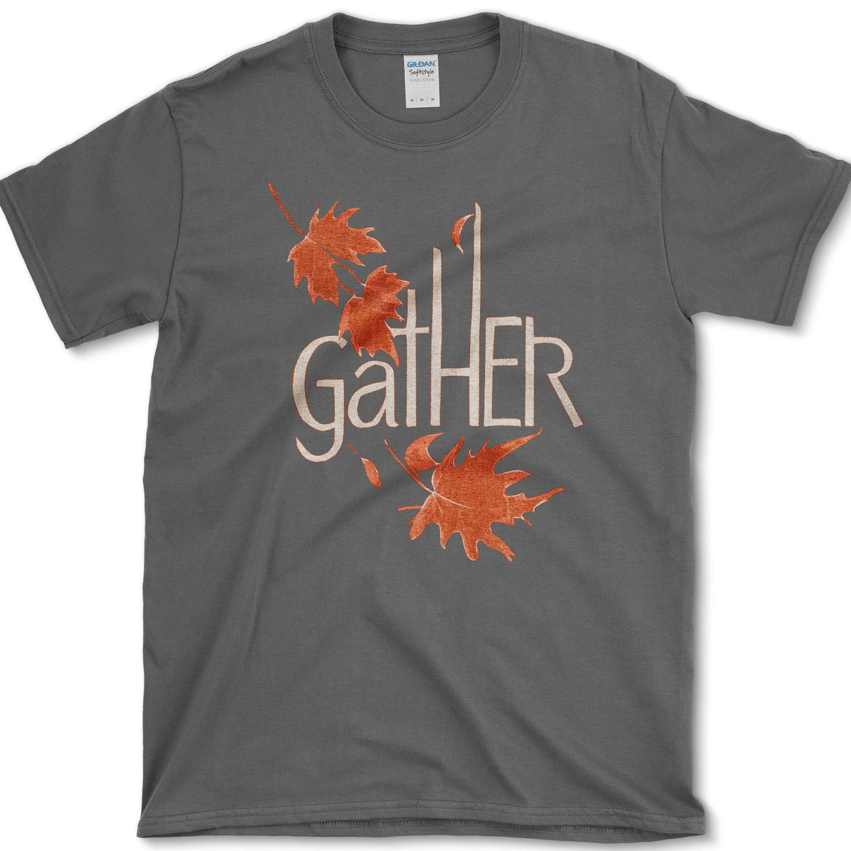 Tall Gather lettering surrounded by four drifting orange maple leaves