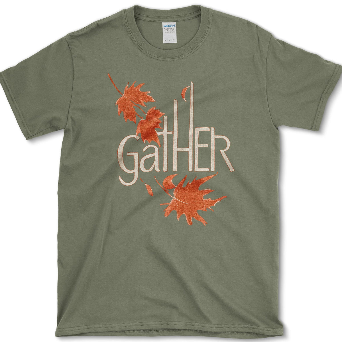 Tall Gather lettering surrounded by four drifting orange maple leaves