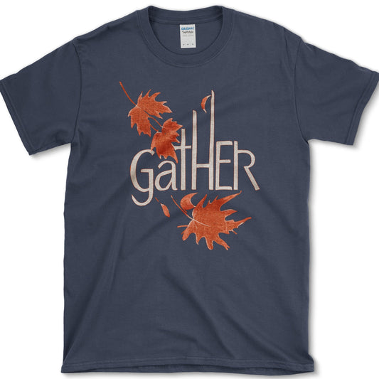 Tall Gather lettering surrounded by four drifting orange maple leaves